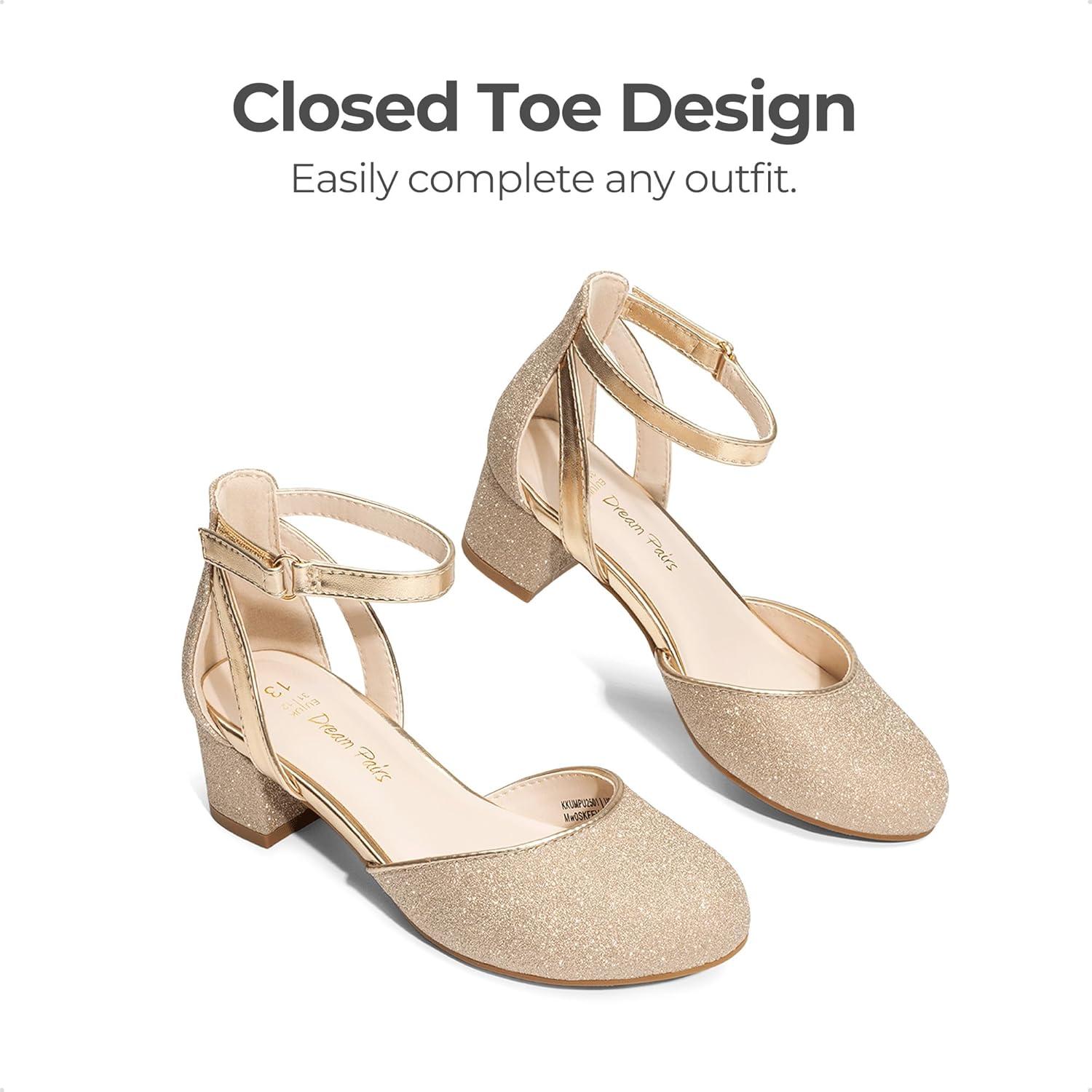 imageDREAM PAIRS Girls Dress Shoes Closed Toe High Heels Ankle Strap Toddler Little Big Kid Wedding Flower Party PumpGold