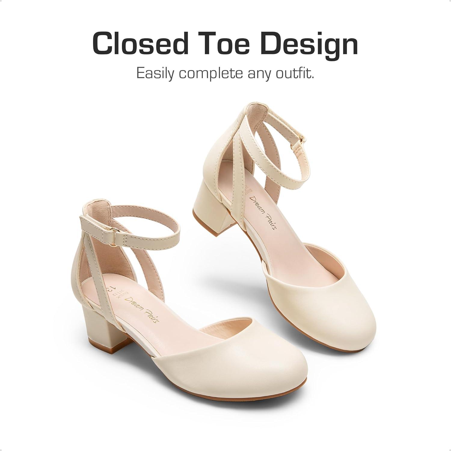 imageDREAM PAIRS Girls Dress Shoes Closed Toe High Heels Ankle Strap Toddler Little Big Kid Wedding Flower Party PumpIvory