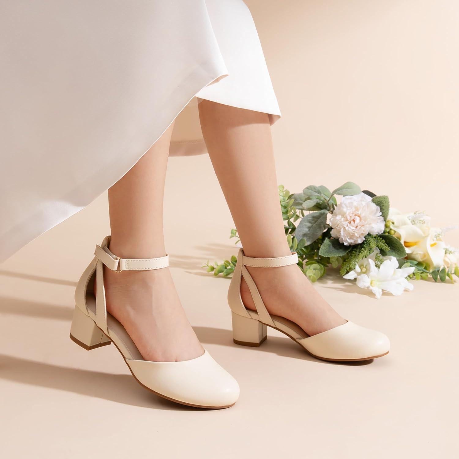 imageDREAM PAIRS Girls Dress Shoes Closed Toe High Heels Ankle Strap Toddler Little Big Kid Wedding Flower Party PumpIvory