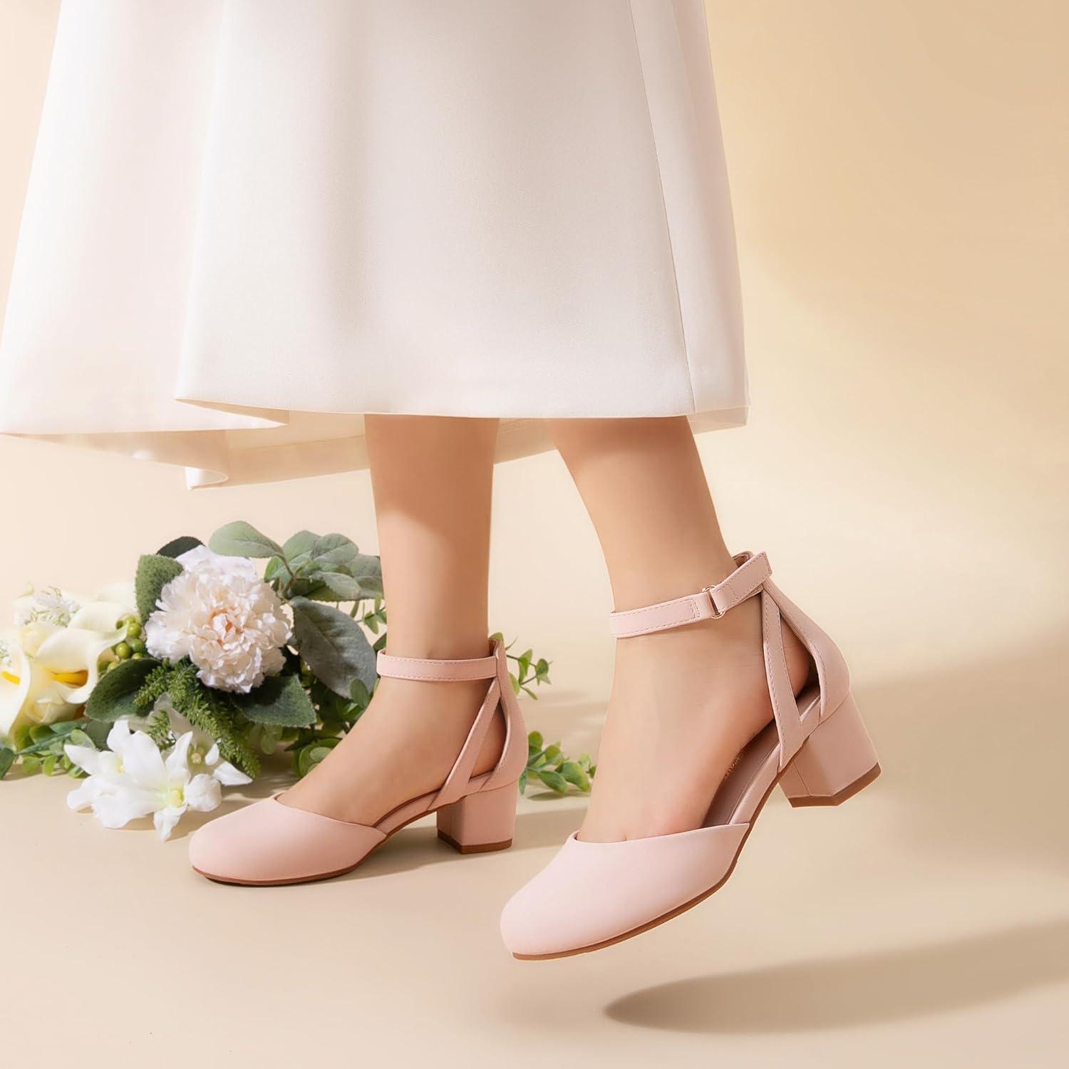 imageDREAM PAIRS Girls Dress Shoes Closed Toe High Heels Ankle Strap Toddler Little Big Kid Wedding Flower Party PumpNude