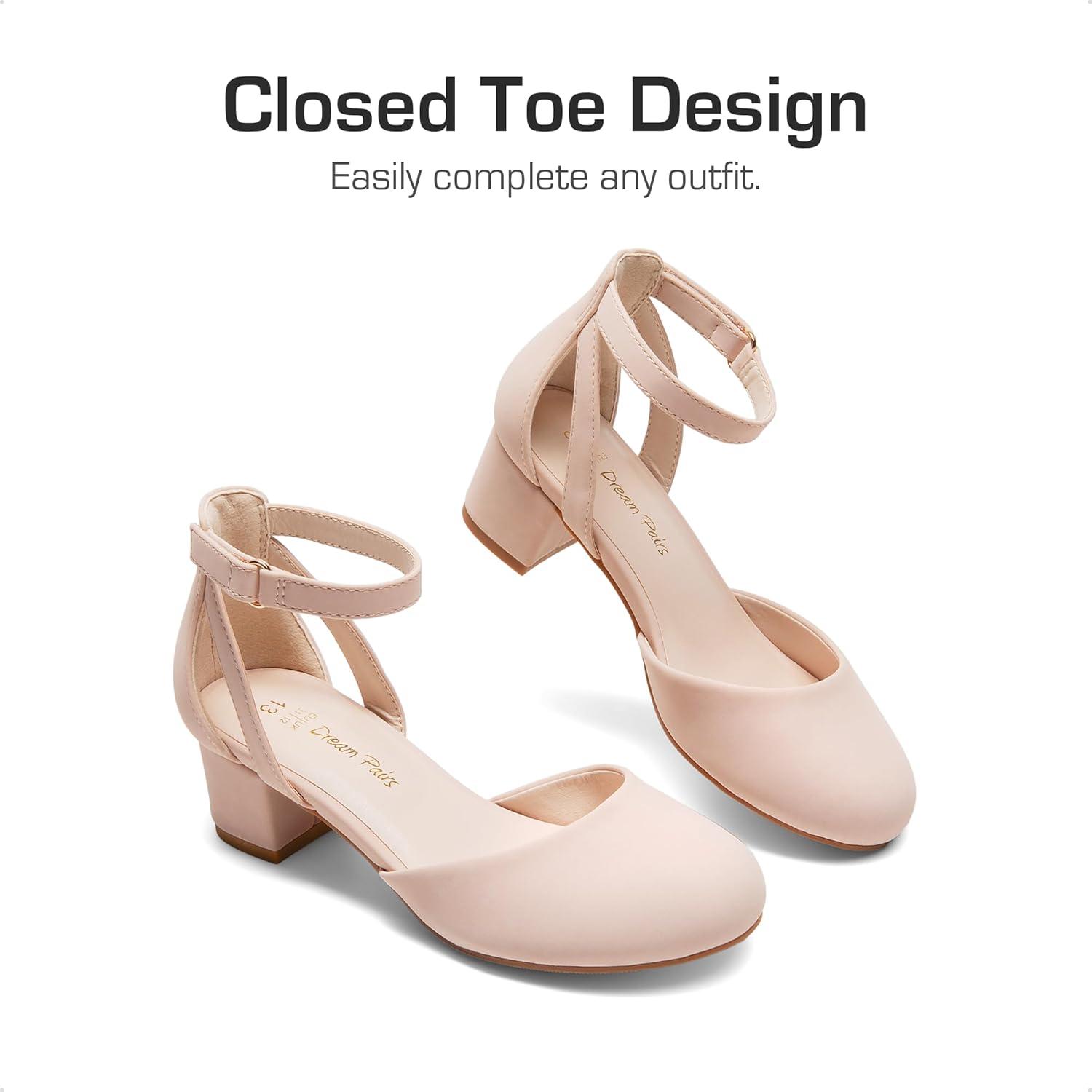 imageDREAM PAIRS Girls Dress Shoes Closed Toe High Heels Ankle Strap Toddler Little Big Kid Wedding Flower Party PumpNude