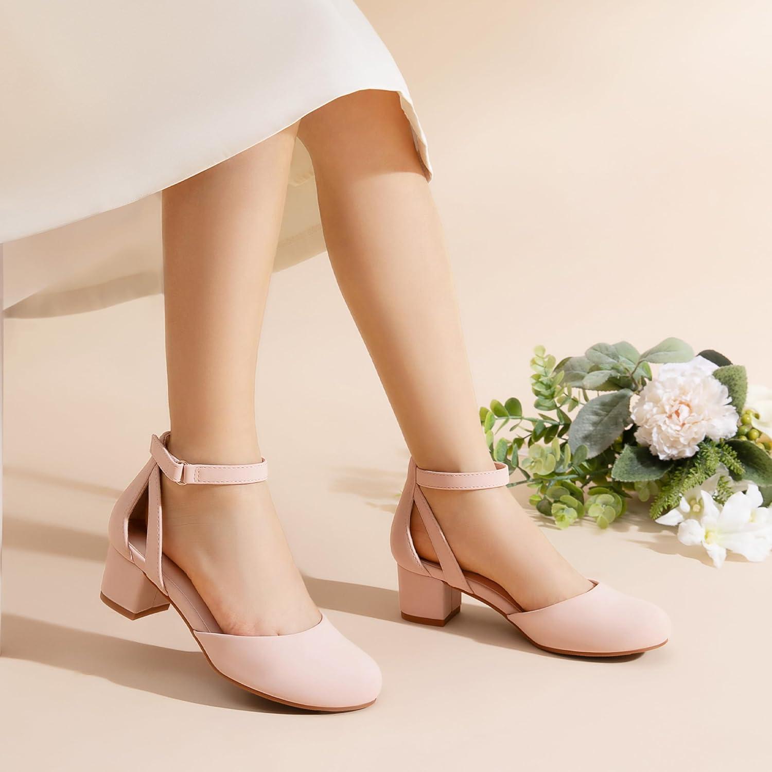 imageDREAM PAIRS Girls Dress Shoes Closed Toe High Heels Ankle Strap Toddler Little Big Kid Wedding Flower Party PumpNude