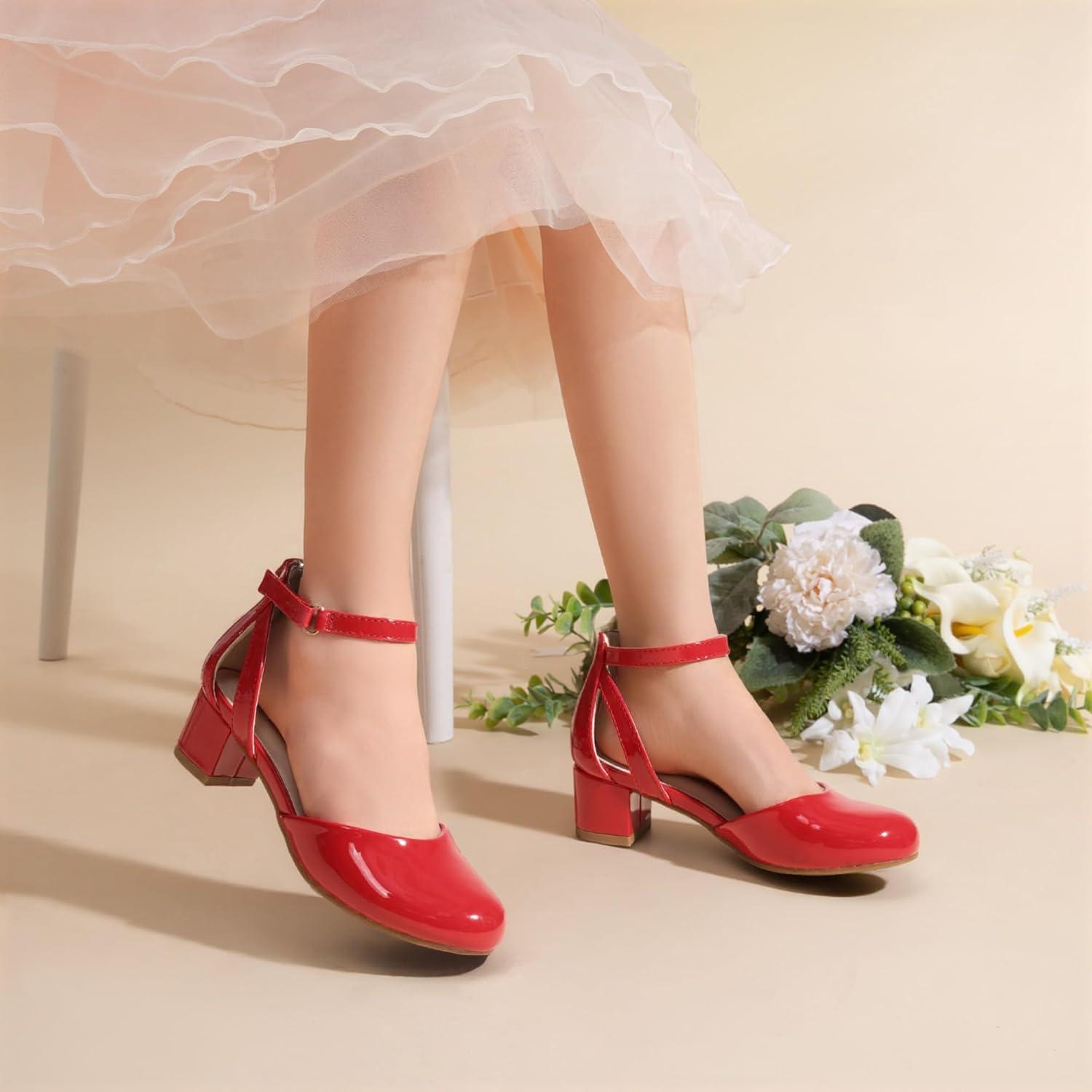 imageDREAM PAIRS Girls Dress Shoes Closed Toe High Heels Ankle Strap Toddler Little Big Kid Wedding Flower Party PumpRed