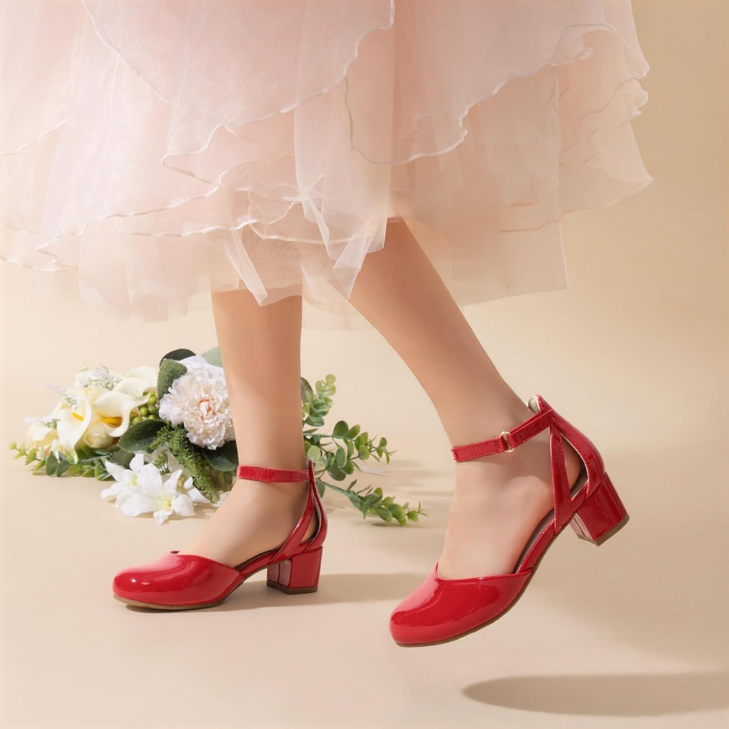 imageDREAM PAIRS Girls Dress Shoes Closed Toe High Heels Ankle Strap Toddler Little Big Kid Wedding Flower Party PumpRed