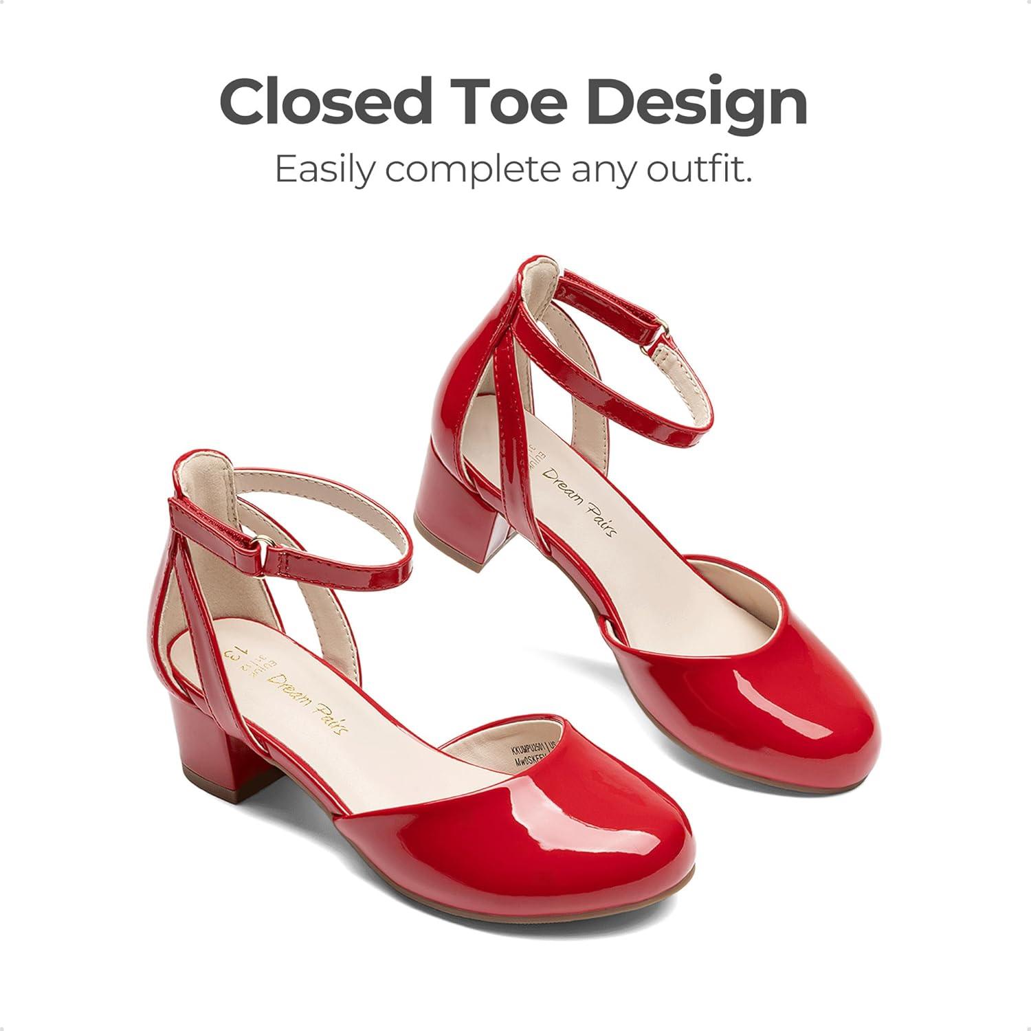 imageDREAM PAIRS Girls Dress Shoes Closed Toe High Heels Ankle Strap Toddler Little Big Kid Wedding Flower Party PumpRed