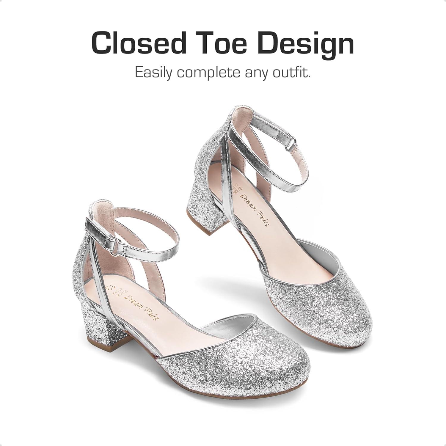 imageDREAM PAIRS Girls Dress Shoes Closed Toe High Heels Ankle Strap Toddler Little Big Kid Wedding Flower Party PumpSilver
