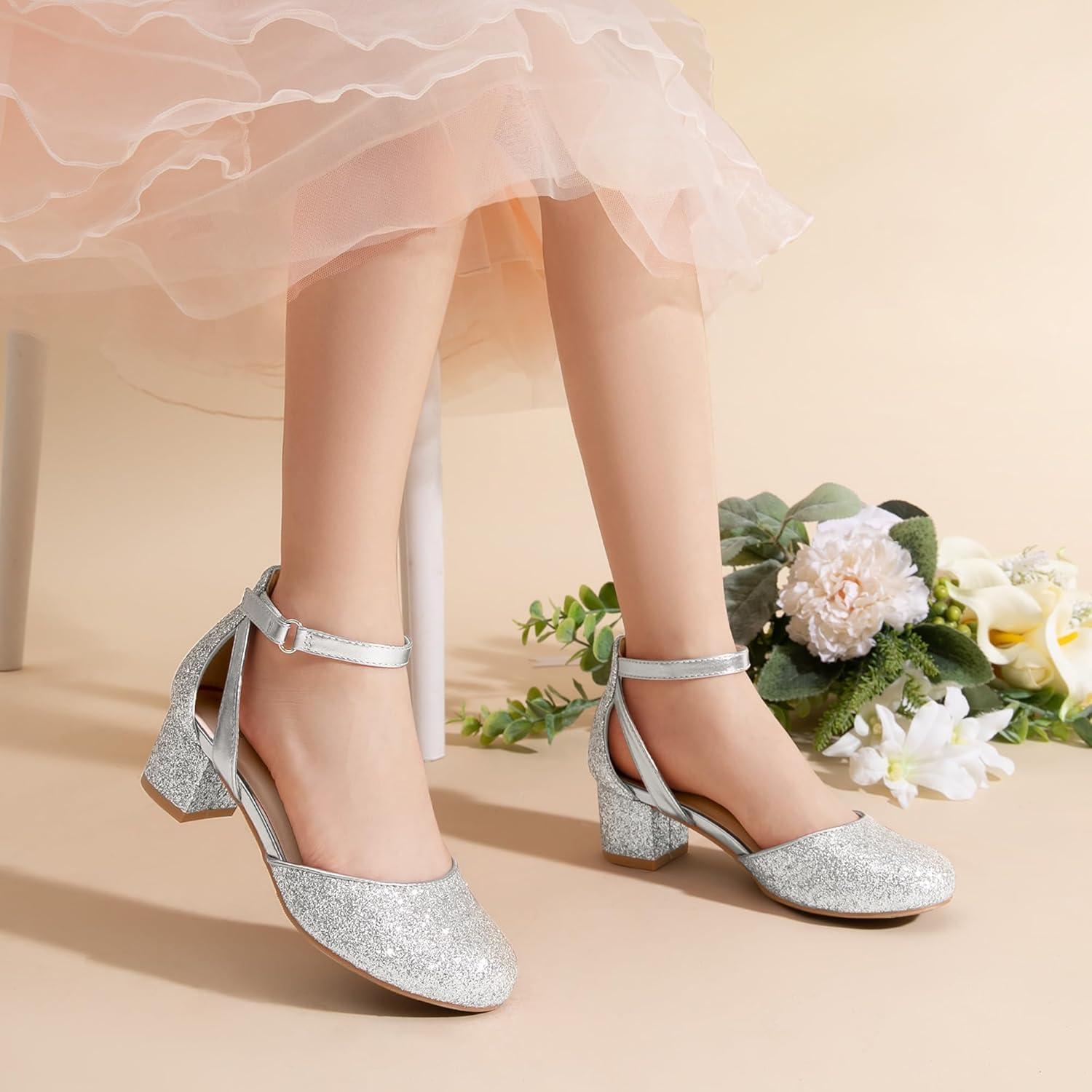 imageDREAM PAIRS Girls Dress Shoes Closed Toe High Heels Ankle Strap Toddler Little Big Kid Wedding Flower Party PumpSilver