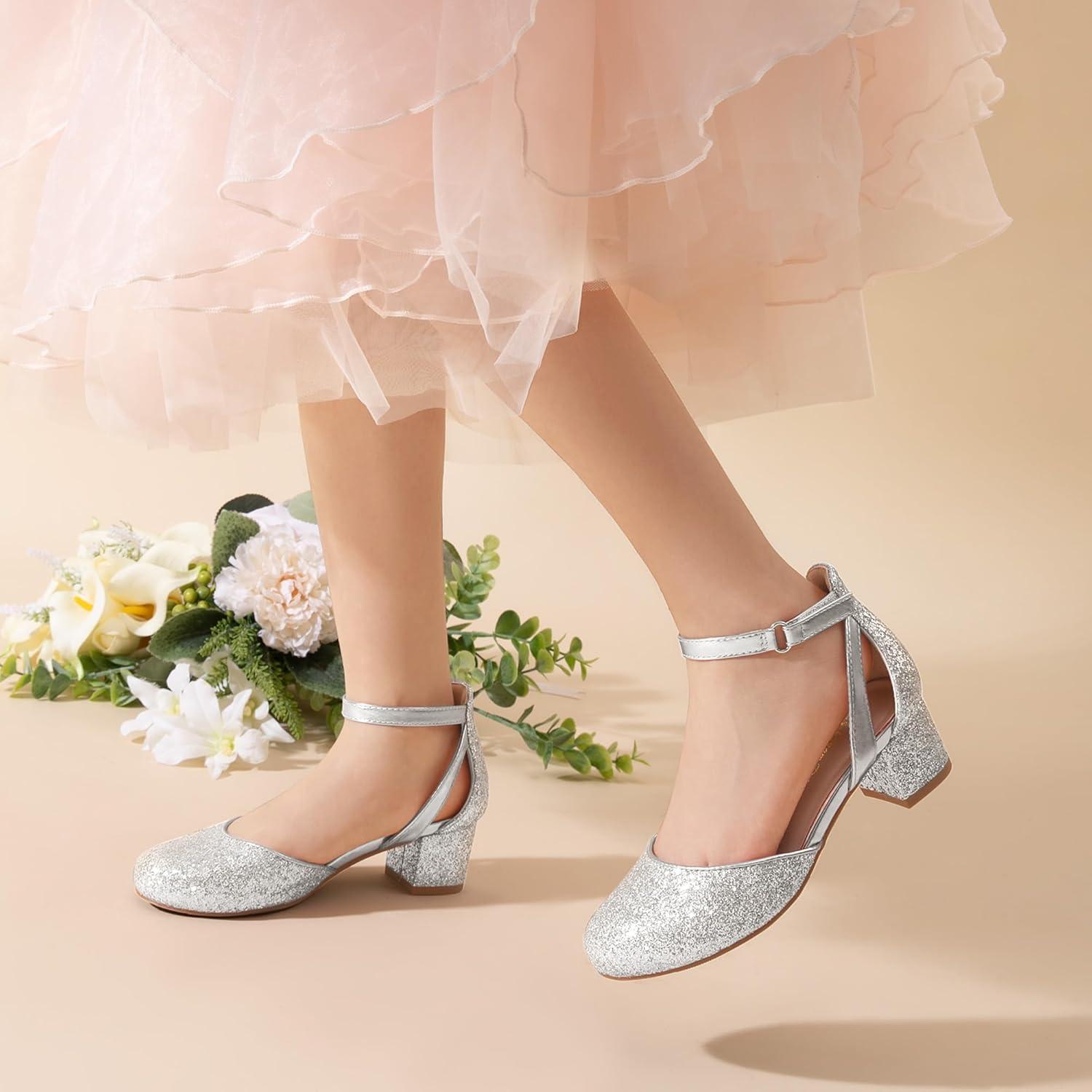 imageDREAM PAIRS Girls Dress Shoes Closed Toe High Heels Ankle Strap Toddler Little Big Kid Wedding Flower Party PumpSilver