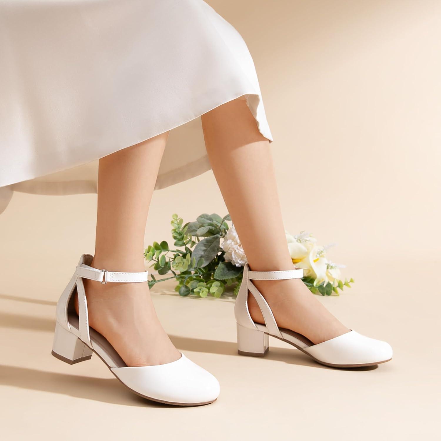 imageDREAM PAIRS Girls Dress Shoes Closed Toe High Heels Ankle Strap Toddler Little Big Kid Wedding Flower Party PumpWhite