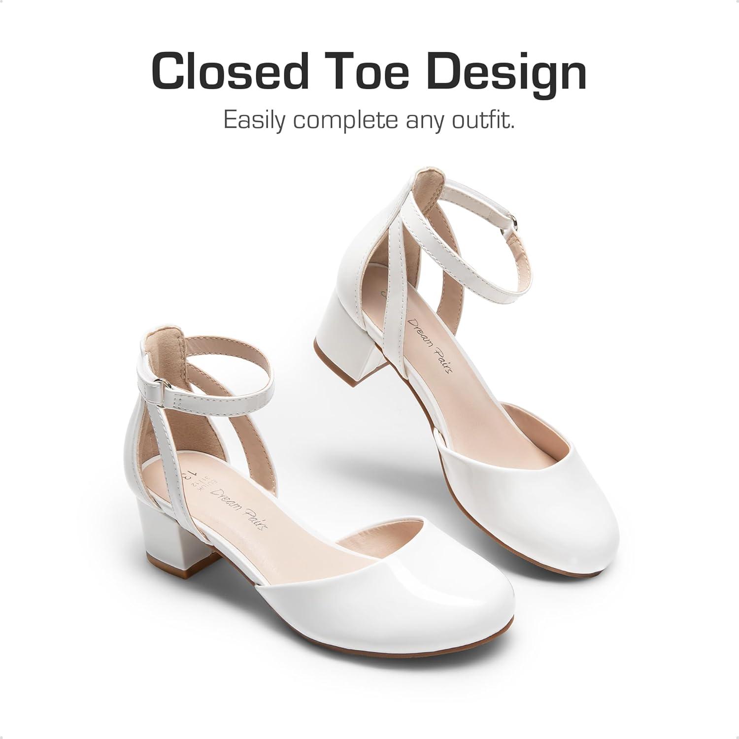 imageDREAM PAIRS Girls Dress Shoes Closed Toe High Heels Ankle Strap Toddler Little Big Kid Wedding Flower Party PumpWhite