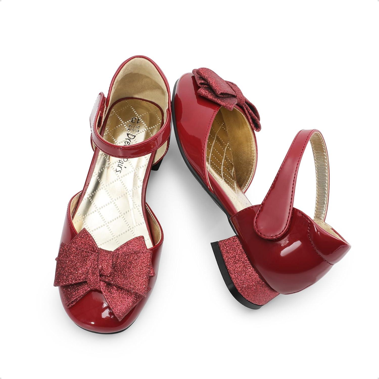 imageDREAM PAIRS Girls Dress Shoes Closed Toe Low Heels Ankle Strap Bow Ballet Wedding Party Sandals Princess Flower Shoes for Little KidDark Red