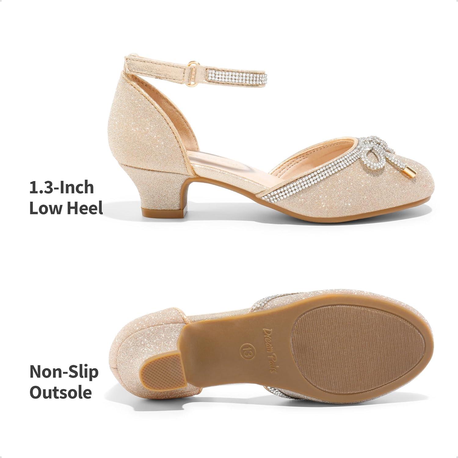 imageDREAM PAIRS Girls Dress Shoes Closed Toe Low Heels Ankle Strap Pumps for Toddler Little Big Kid Flower Party Wedding PrincessGoldglitter