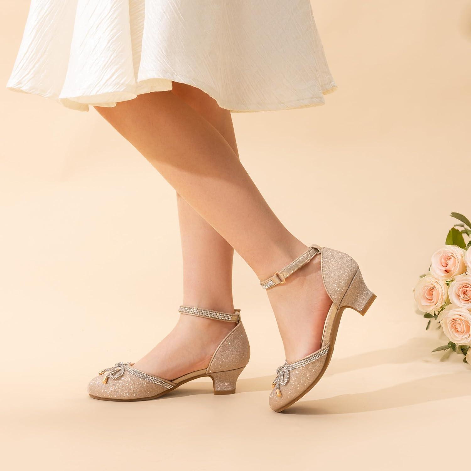 imageDREAM PAIRS Girls Dress Shoes Closed Toe Low Heels Ankle Strap Pumps for Toddler Little Big Kid Flower Party Wedding PrincessGoldglitter