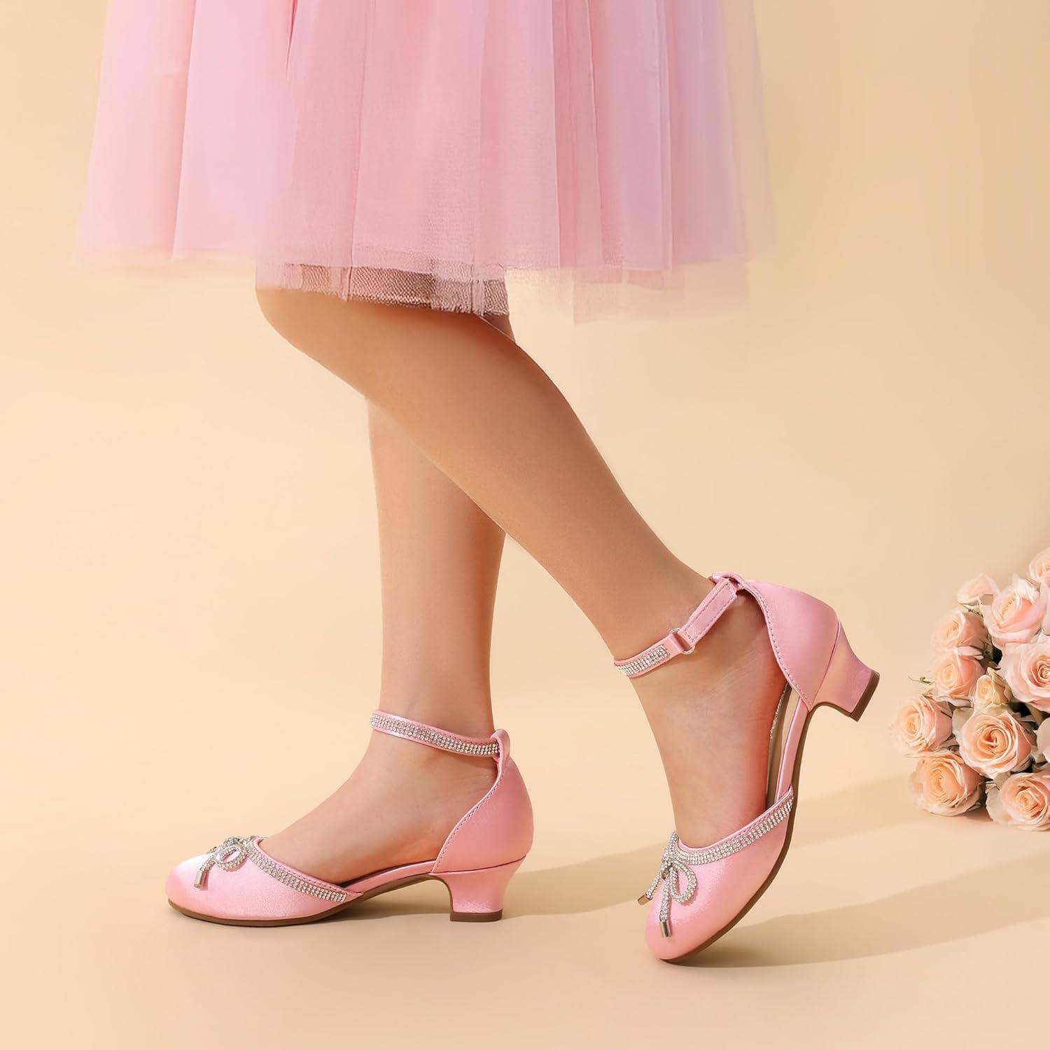 imageDREAM PAIRS Girls Dress Shoes Closed Toe Low Heels Ankle Strap Pumps for Toddler Little Big Kid Flower Party Wedding PrincessPink