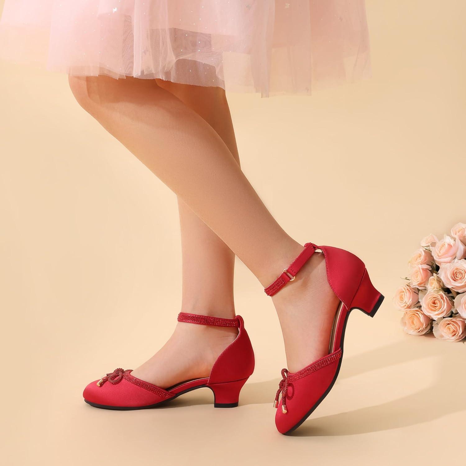 imageDREAM PAIRS Girls Dress Shoes Closed Toe Low Heels Ankle Strap Pumps for Toddler Little Big Kid Flower Party Wedding PrincessRed