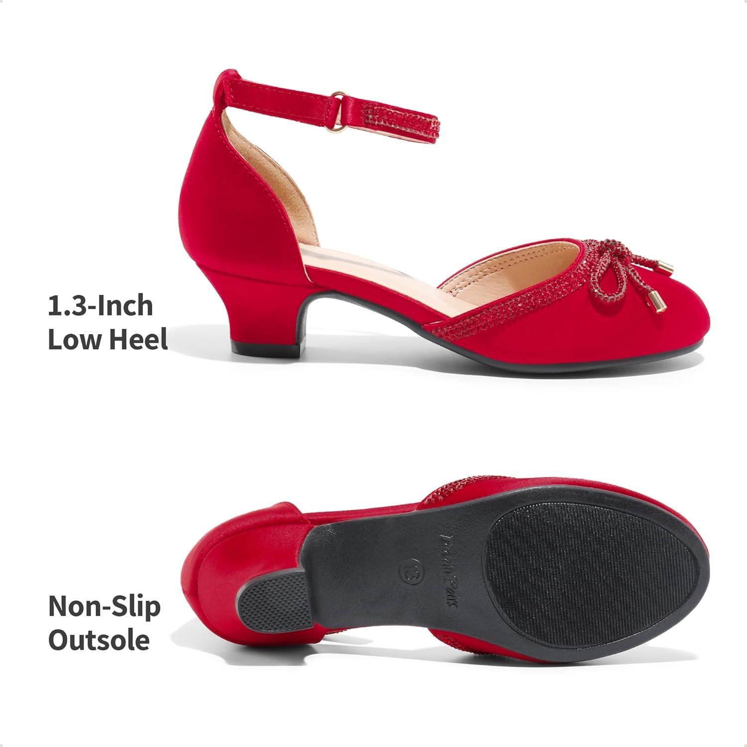 imageDREAM PAIRS Girls Dress Shoes Closed Toe Low Heels Ankle Strap Pumps for Toddler Little Big Kid Flower Party Wedding PrincessRed