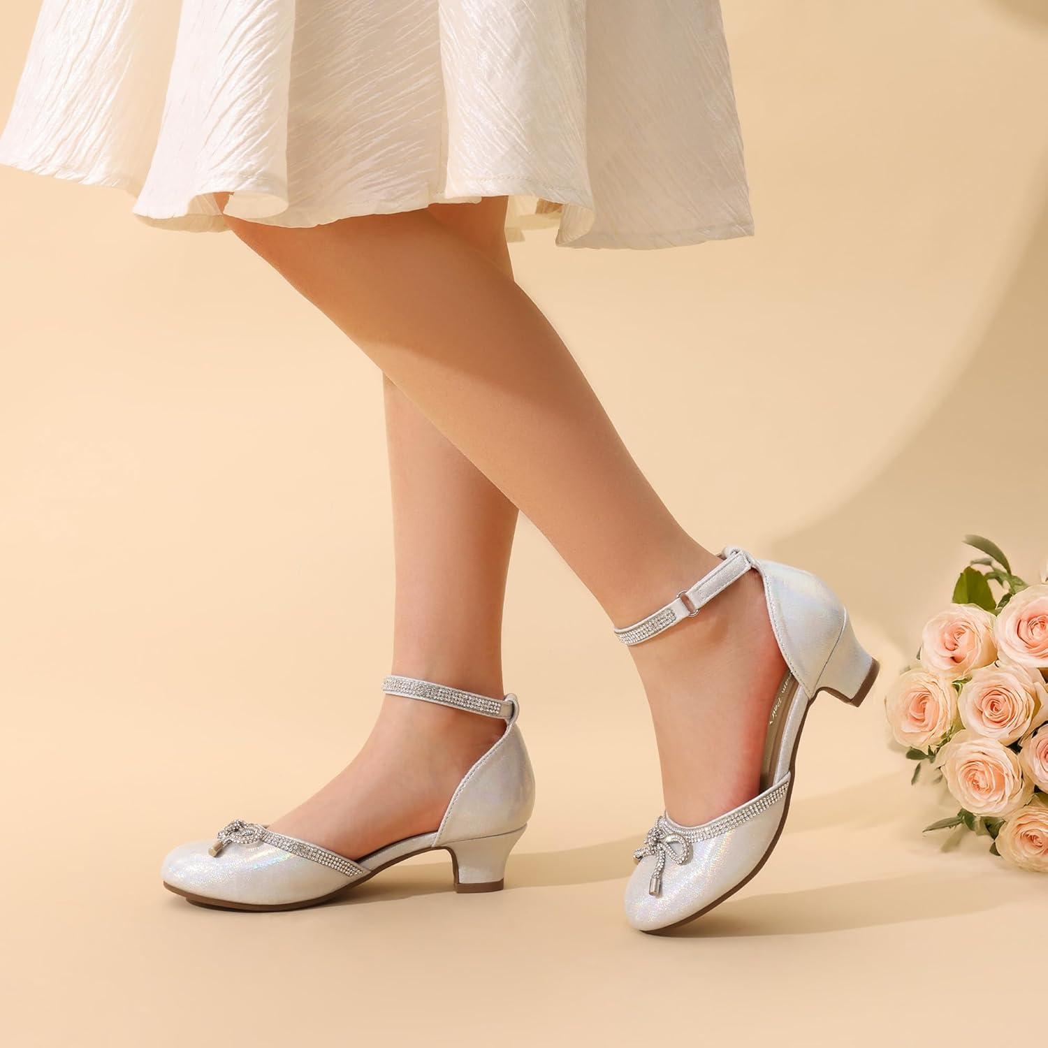 imageDREAM PAIRS Girls Dress Shoes Closed Toe Low Heels Ankle Strap Pumps for Toddler Little Big Kid Flower Party Wedding PrincessSilver