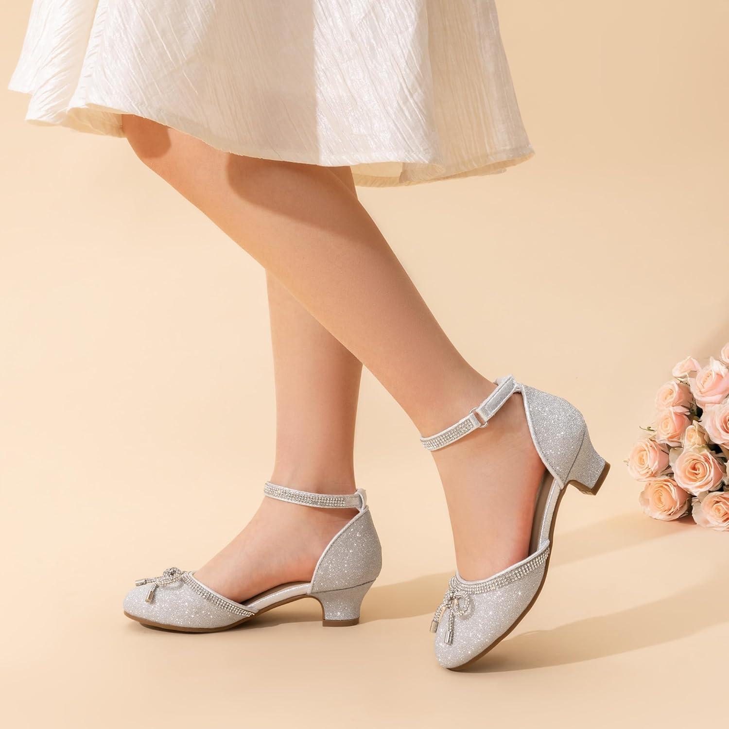 imageDREAM PAIRS Girls Dress Shoes Closed Toe Low Heels Ankle Strap Pumps for Toddler Little Big Kid Flower Party Wedding PrincessSilverglitter
