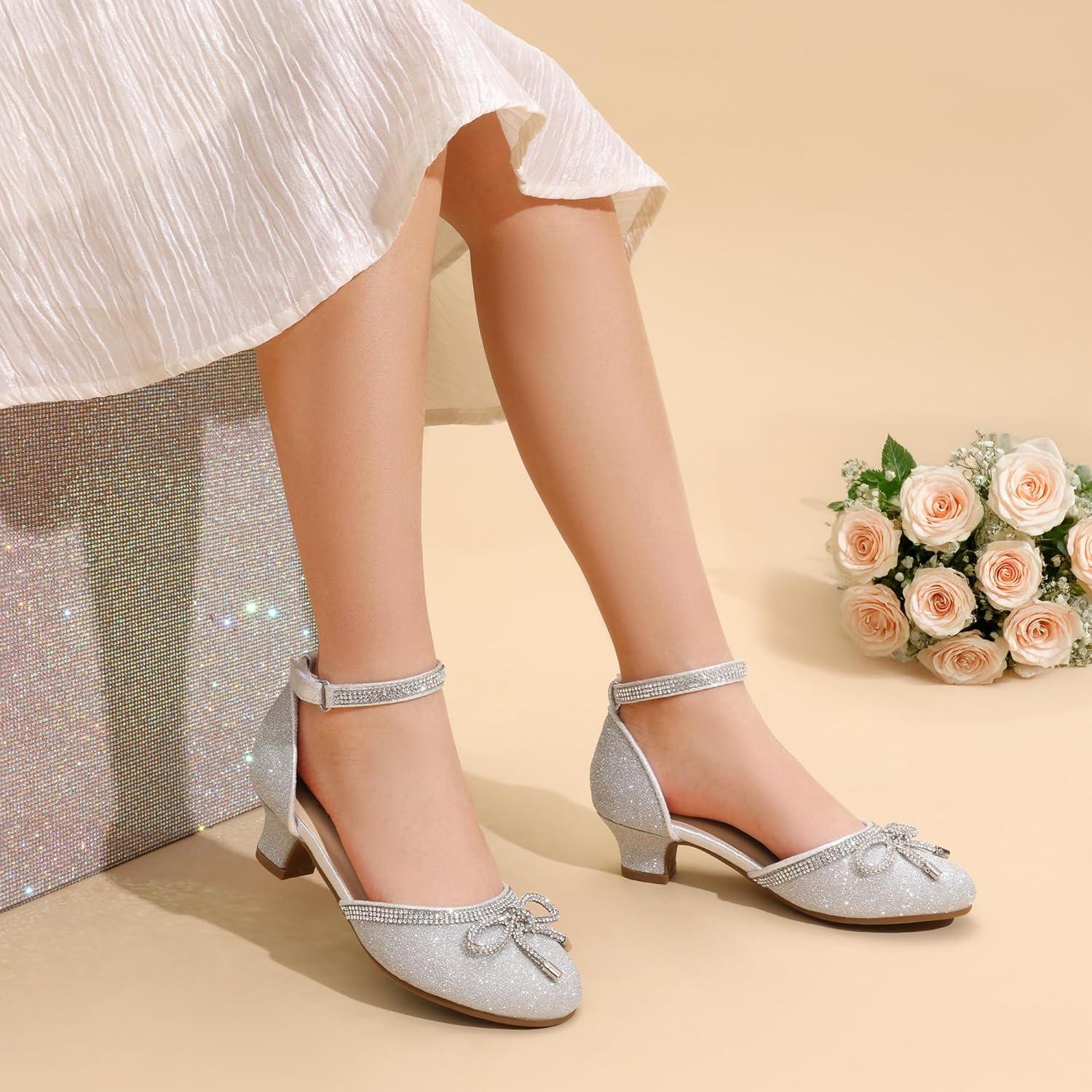 imageDREAM PAIRS Girls Dress Shoes Closed Toe Low Heels Ankle Strap Pumps for Toddler Little Big Kid Flower Party Wedding PrincessSilverglitter