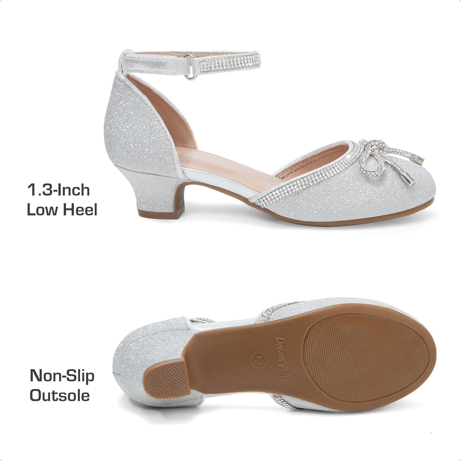 imageDREAM PAIRS Girls Dress Shoes Closed Toe Low Heels Ankle Strap Pumps for Toddler Little Big Kid Flower Party Wedding PrincessSilverglitter