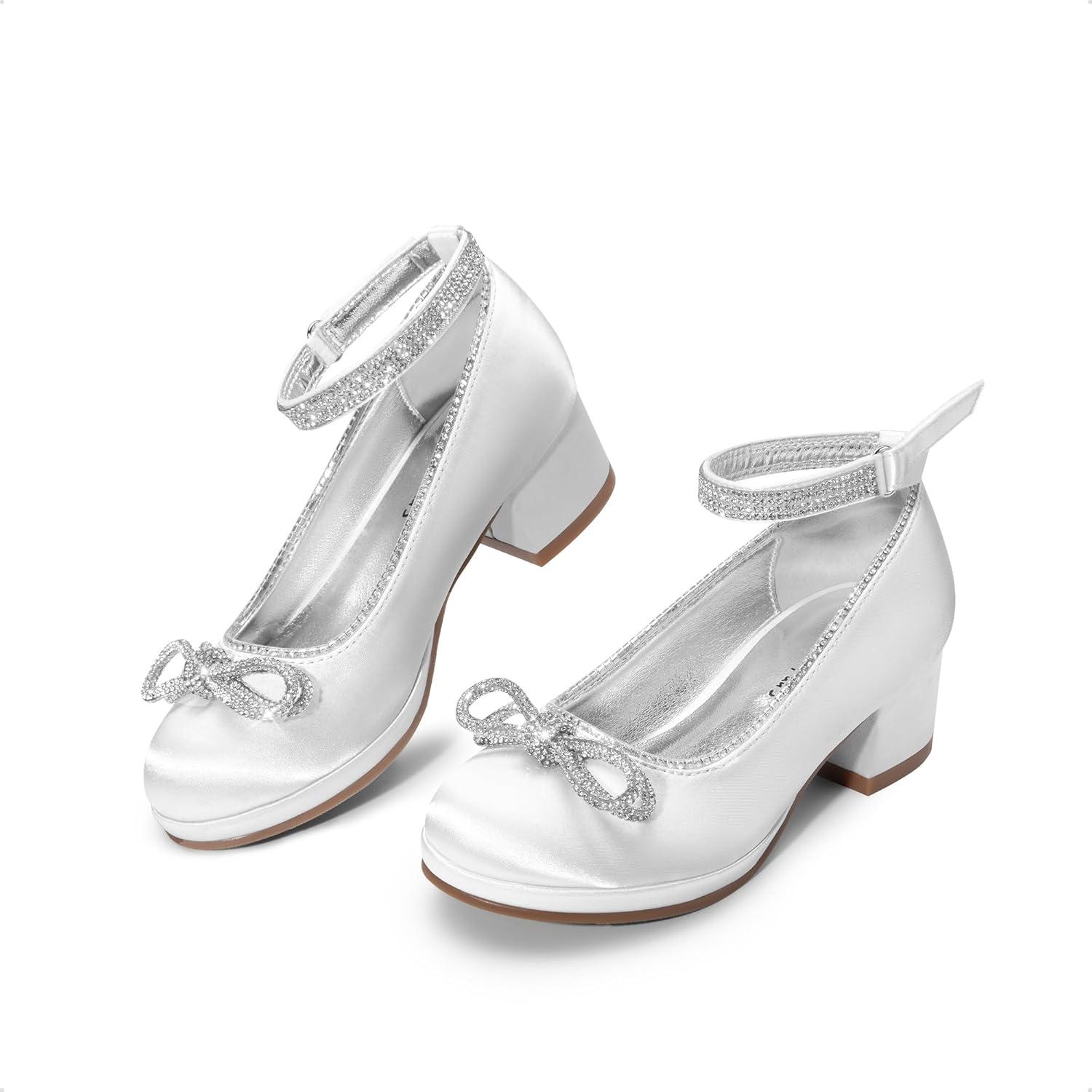 imageDREAM PAIRS Girls Dress Shoes Platform Chunky Heel Ankle Strap Princess Flats Flower Party Wedding Pump for Little Big KidWhite