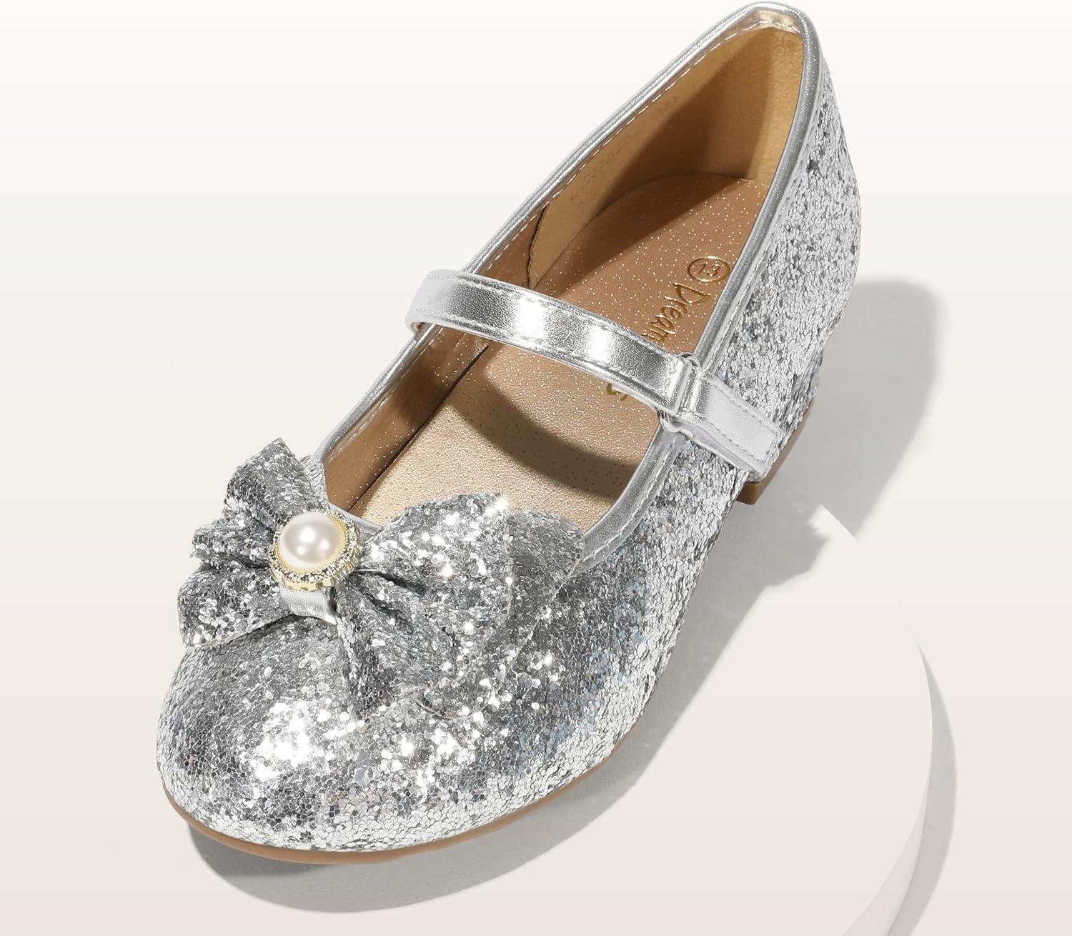 imageDREAM PAIRS Girls Dress Shoes Princess Shoes for Toddler Little Girl Mary Jane Low Heels Glitter Flower Party Wedding FootwearSliver
