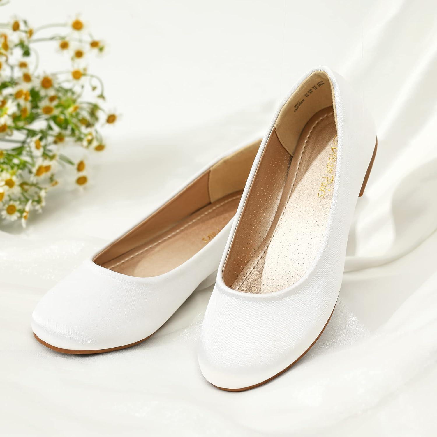 imageDREAM PAIRS Girls Dress Shoes Slip on Ballerina Flats for WeddingPartyWhiteSatin
