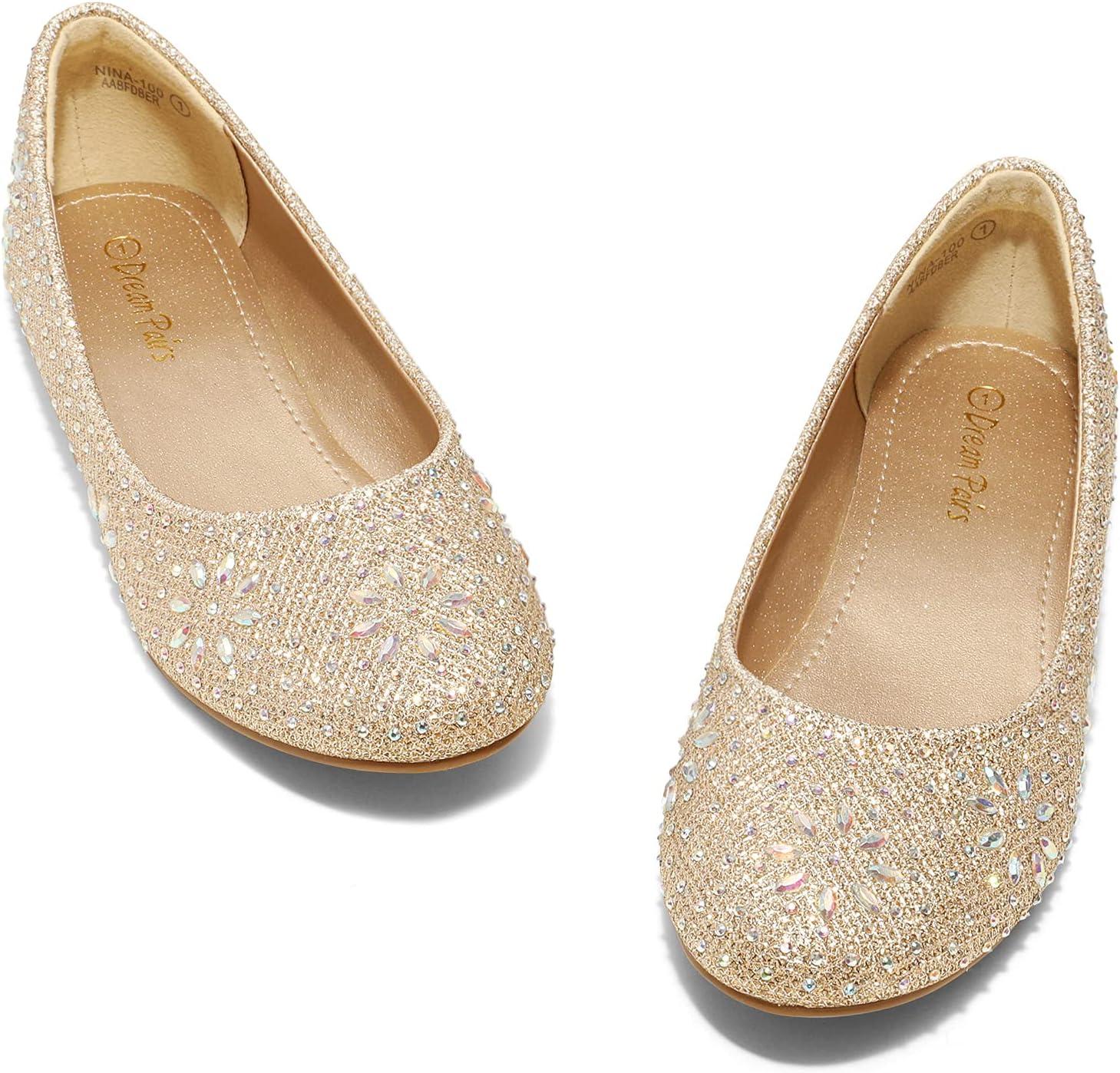 imageDREAM PAIRS Girls Dress Shoes Slipon Rhinestone Glitter Ballet Flats for Wedding Party Birthday Prom Little KidBig KidNina100gold Glitter