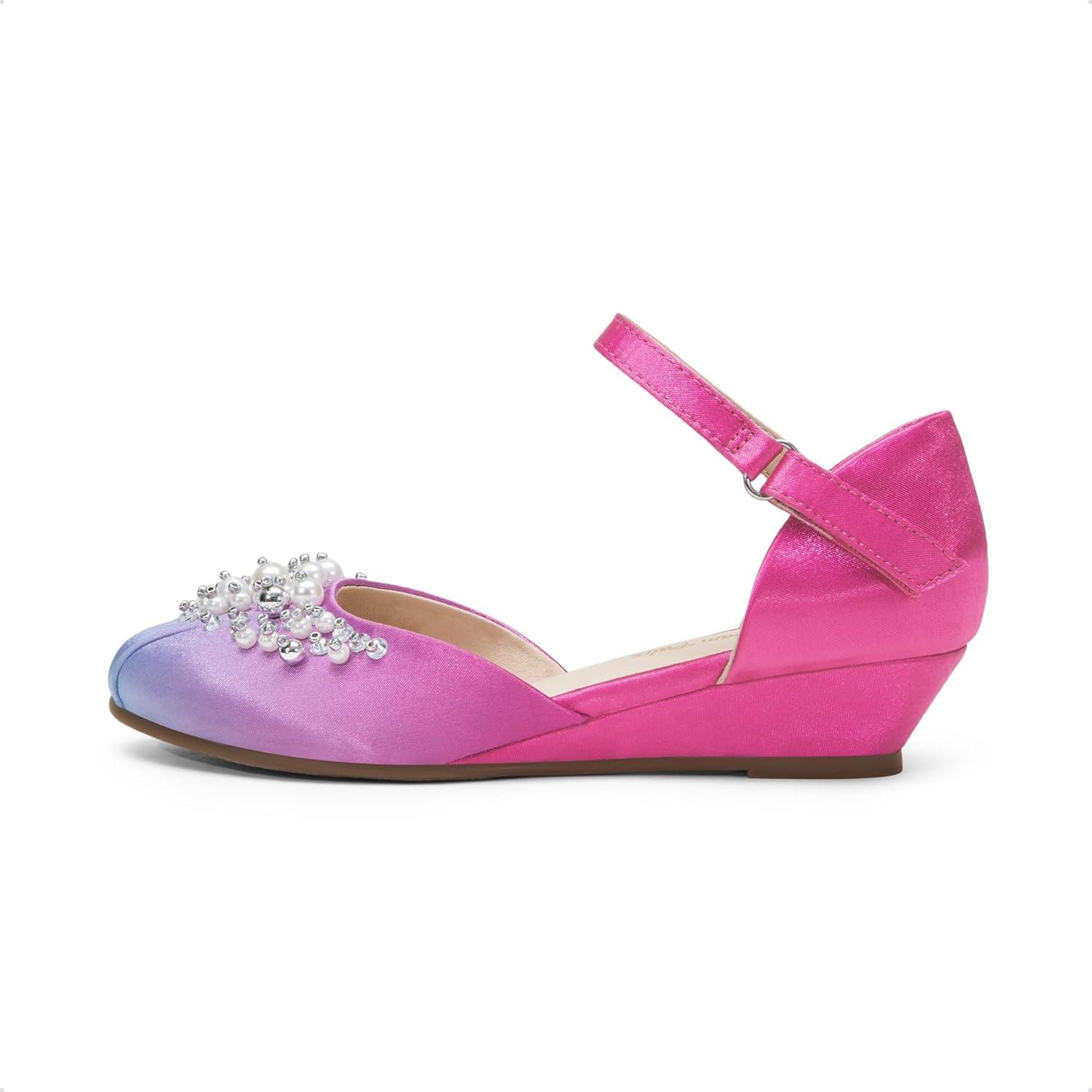 imageDREAM PAIRS Girls Dress Shoes Toddler Little Big Girls Heels Low Wedge Pumps with Pearls Rhinestone for Flower Girl Princess Wedding PartyBlueHot Pink