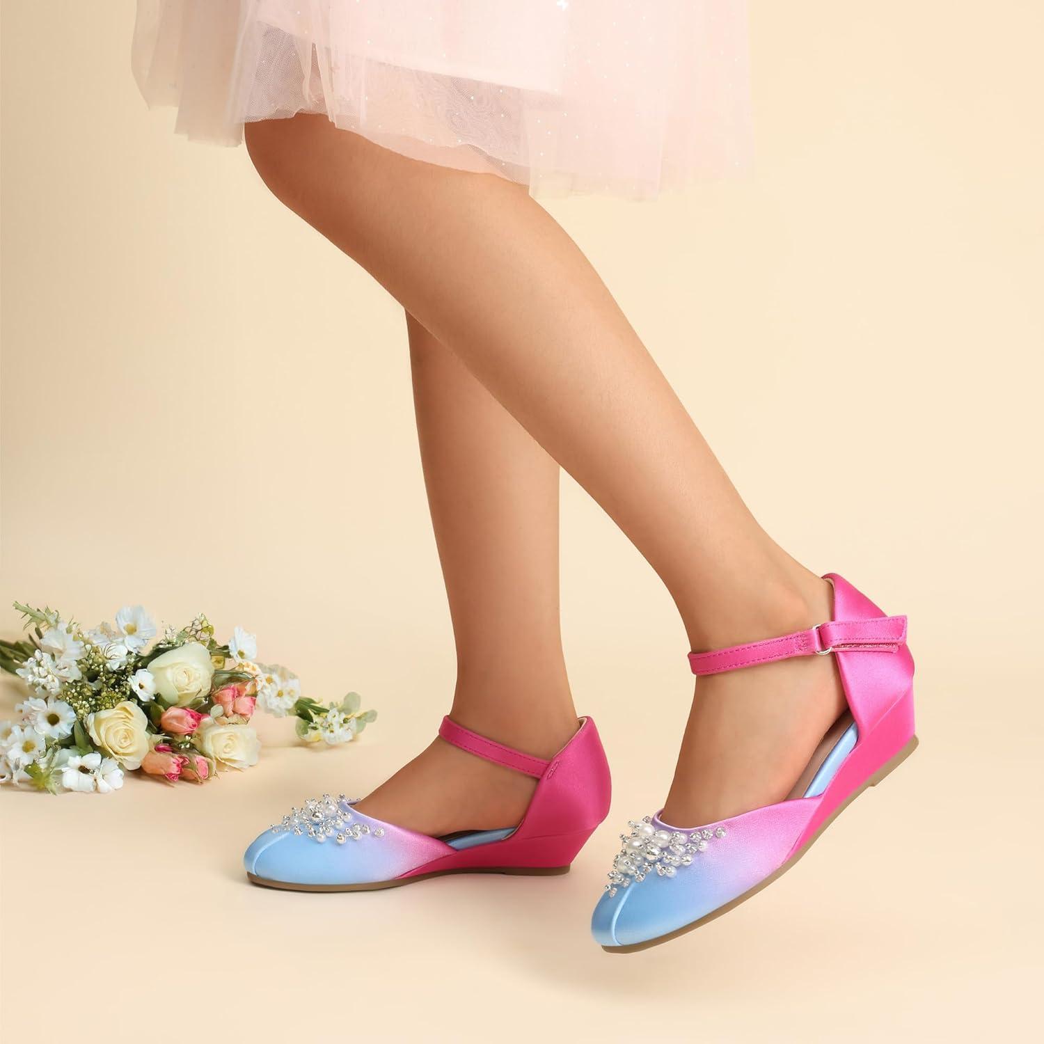 imageDREAM PAIRS Girls Dress Shoes Toddler Little Big Girls Heels Low Wedge Pumps with Pearls Rhinestone for Flower Girl Princess Wedding PartyBlueHot Pink