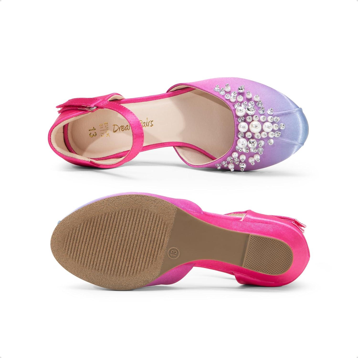 imageDREAM PAIRS Girls Dress Shoes Toddler Little Big Girls Heels Low Wedge Pumps with Pearls Rhinestone for Flower Girl Princess Wedding PartyBlueHot Pink