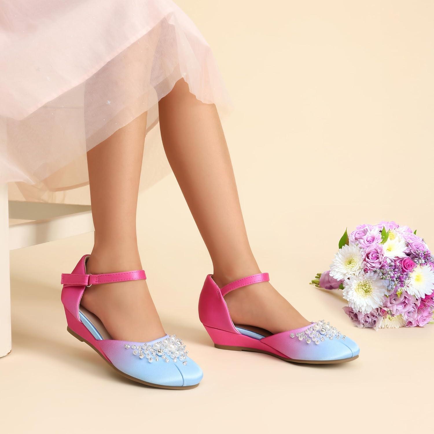 imageDREAM PAIRS Girls Dress Shoes Toddler Little Big Girls Heels Low Wedge Pumps with Pearls Rhinestone for Flower Girl Princess Wedding PartyBlueHot Pink