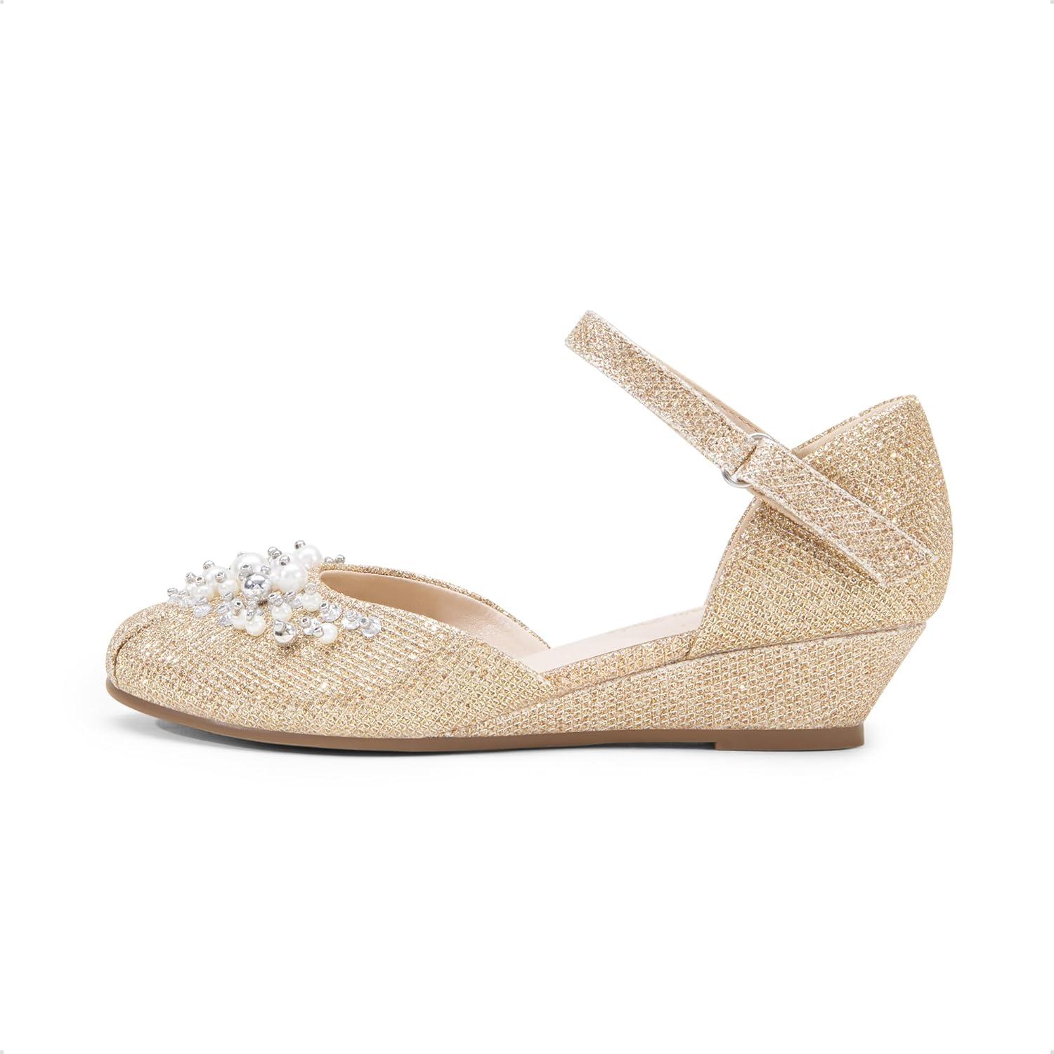 imageDREAM PAIRS Girls Dress Shoes Toddler Little Big Girls Heels Low Wedge Pumps with Pearls Rhinestone for Flower Girl Princess Wedding PartyGoldglitter