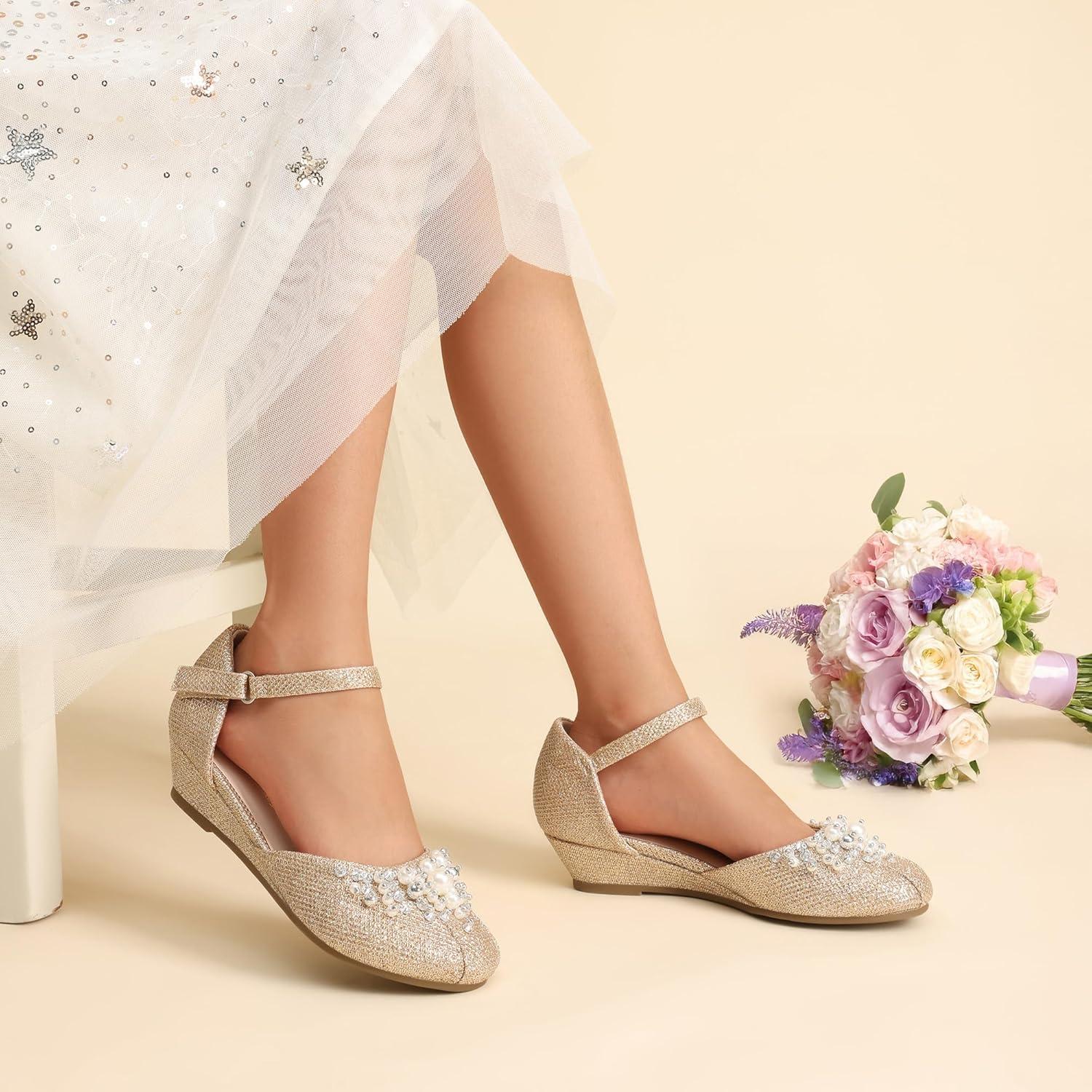 imageDREAM PAIRS Girls Dress Shoes Toddler Little Big Girls Heels Low Wedge Pumps with Pearls Rhinestone for Flower Girl Princess Wedding PartyGoldglitter