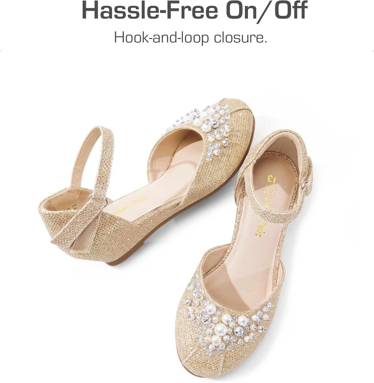 imageDREAM PAIRS Girls Dress Shoes Toddler Little Big Girls Heels Low Wedge Pumps with Pearls Rhinestone for Flower Girl Princess Wedding PartyGoldglitter