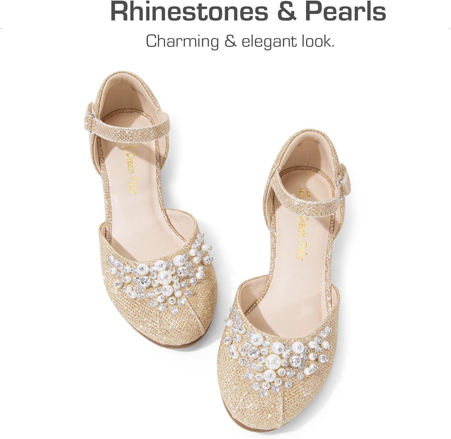 imageDREAM PAIRS Girls Dress Shoes Toddler Little Big Girls Heels Low Wedge Pumps with Pearls Rhinestone for Flower Girl Princess Wedding PartyGoldglitter