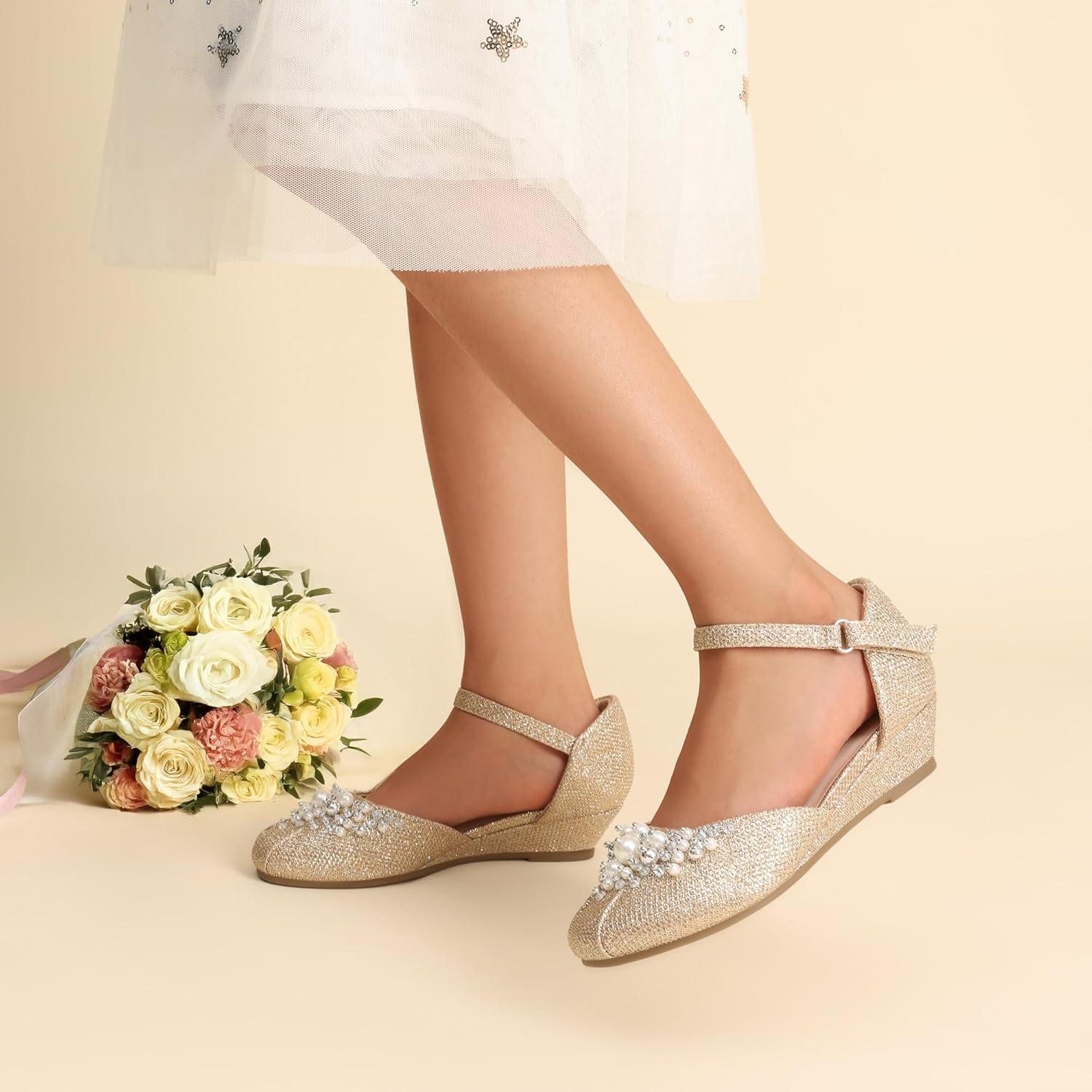 imageDREAM PAIRS Girls Dress Shoes Toddler Little Big Girls Heels Low Wedge Pumps with Pearls Rhinestone for Flower Girl Princess Wedding PartyGoldglitter