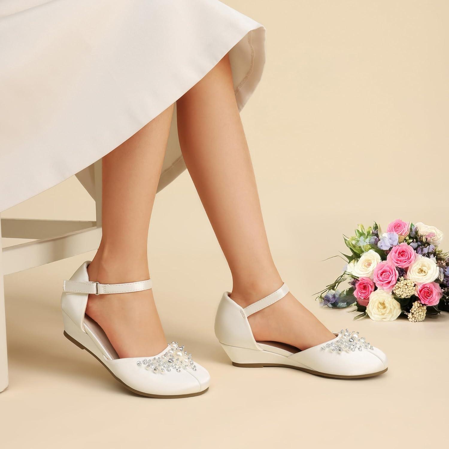 imageDREAM PAIRS Girls Dress Shoes Toddler Little Big Girls Heels Low Wedge Pumps with Pearls Rhinestone for Flower Girl Princess Wedding PartyIvory