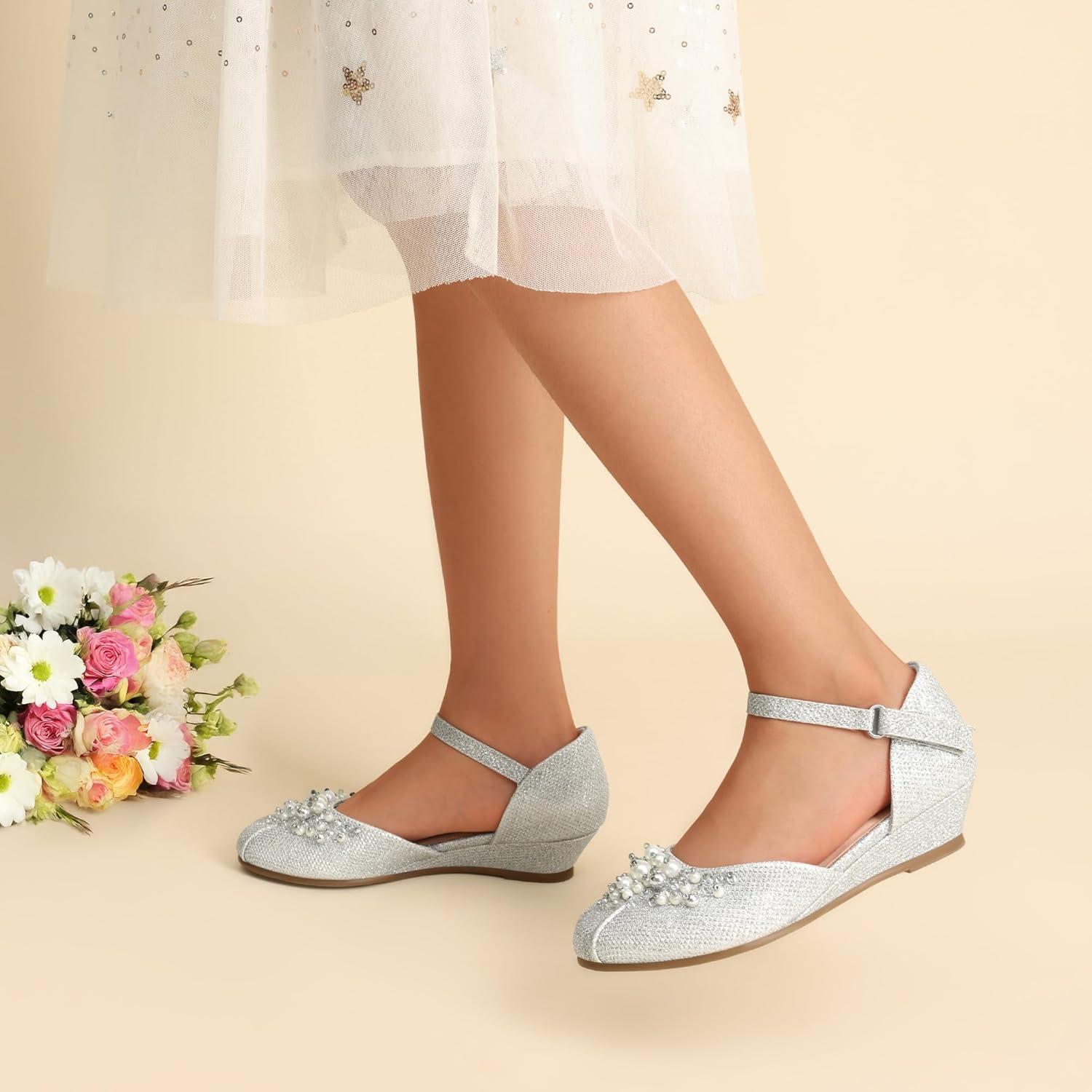 imageDREAM PAIRS Girls Dress Shoes Toddler Little Big Girls Heels Low Wedge Pumps with Pearls Rhinestone for Flower Girl Princess Wedding PartySilverglitter