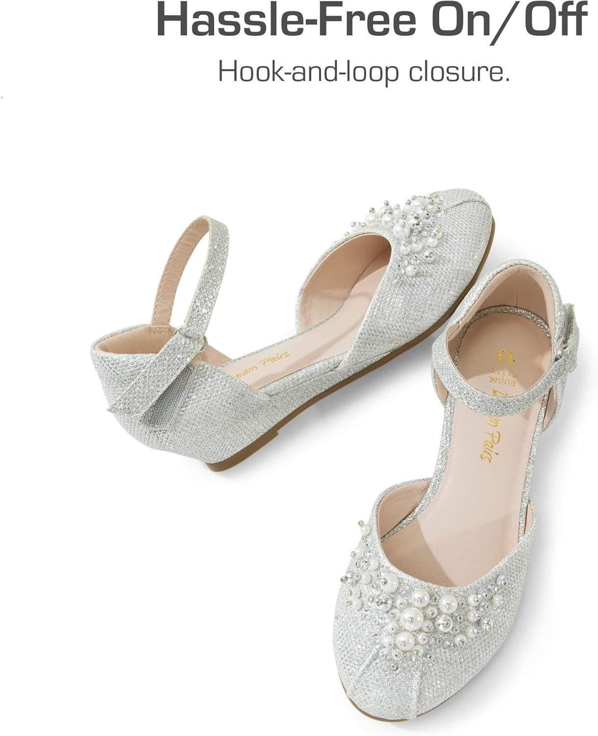 imageDREAM PAIRS Girls Dress Shoes Toddler Little Big Girls Heels Low Wedge Pumps with Pearls Rhinestone for Flower Girl Princess Wedding PartySilverglitter