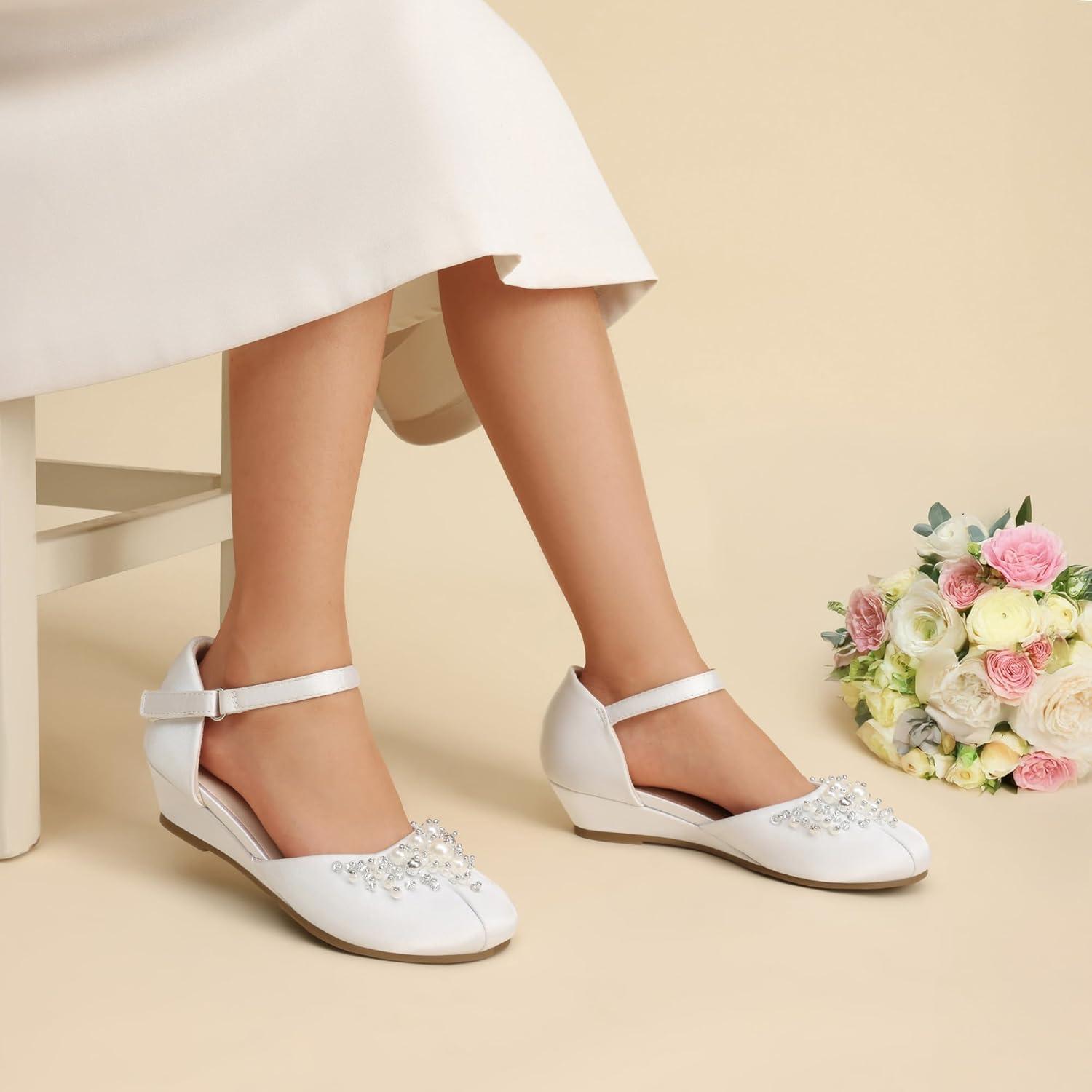 imageDREAM PAIRS Girls Dress Shoes Toddler Little Big Girls Heels Low Wedge Pumps with Pearls Rhinestone for Flower Girl Princess Wedding PartyWhite