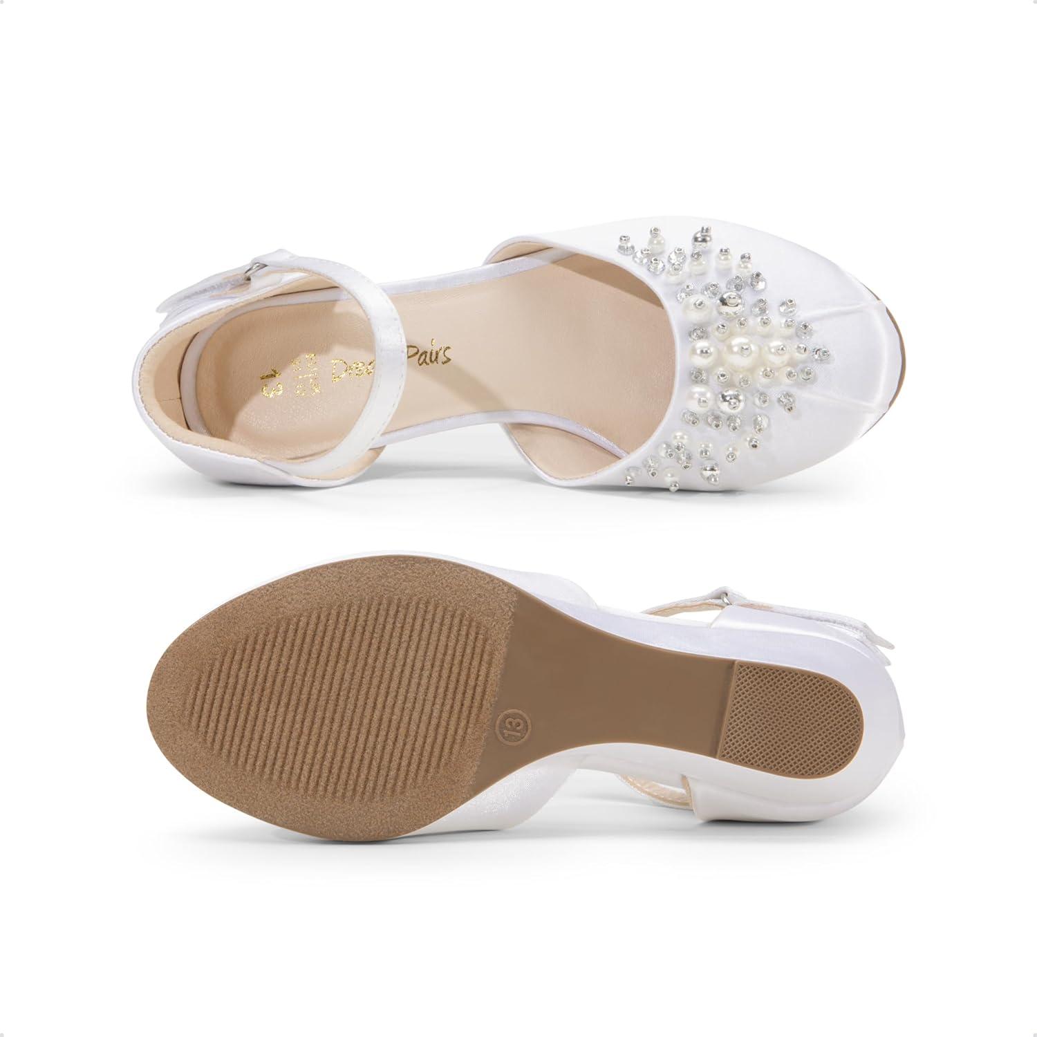 imageDREAM PAIRS Girls Dress Shoes Toddler Little Big Girls Heels Low Wedge Pumps with Pearls Rhinestone for Flower Girl Princess Wedding PartyWhite