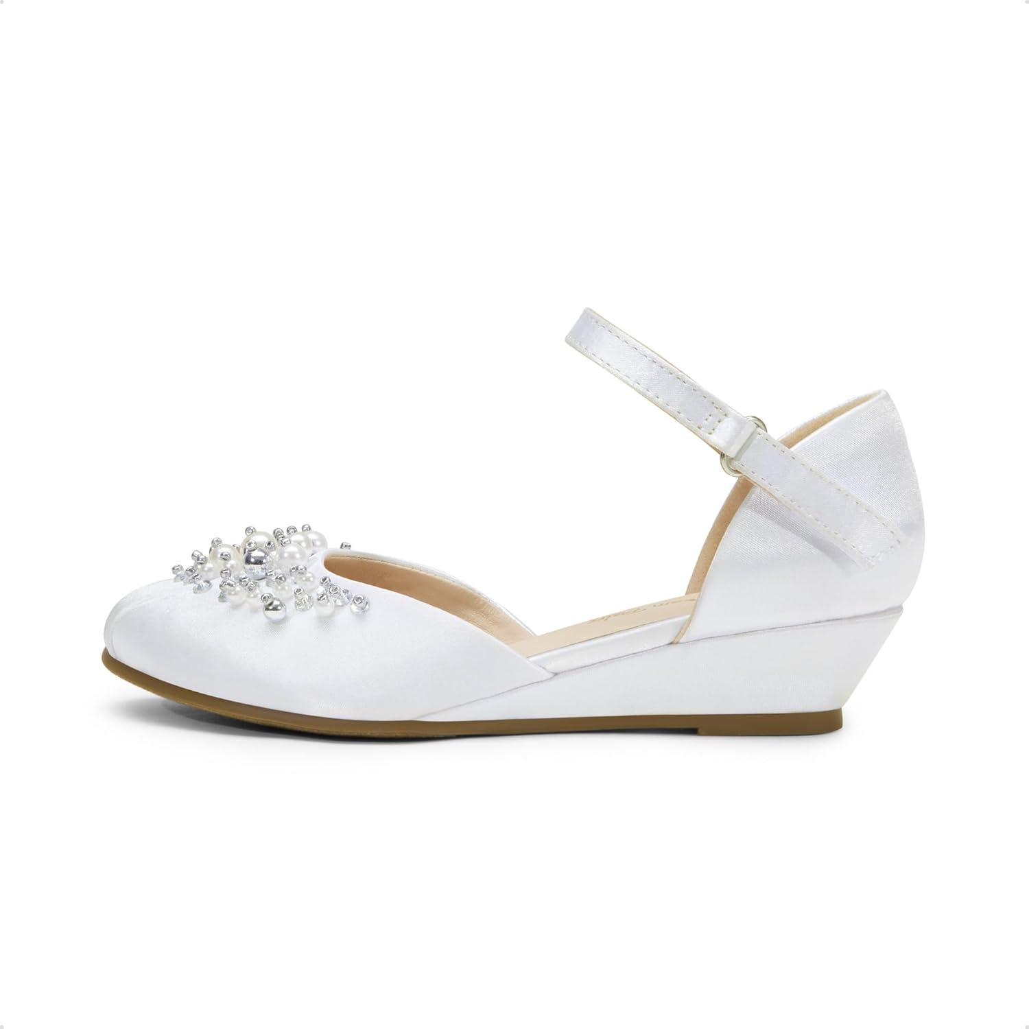 imageDREAM PAIRS Girls Dress Shoes Toddler Little Big Girls Heels Low Wedge Pumps with Pearls Rhinestone for Flower Girl Princess Wedding PartyWhite