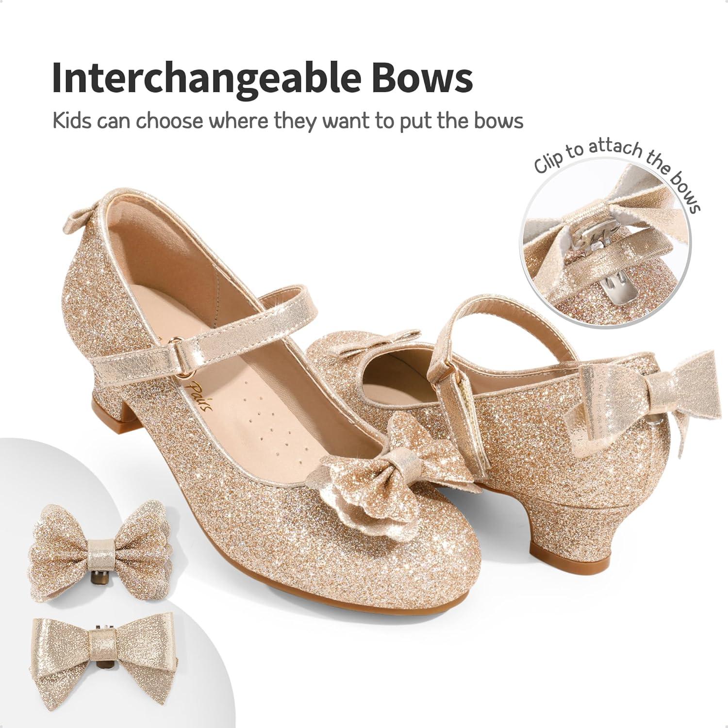 imageDREAM PAIRS Girls Dress Shoes Toddler Little Girls Heels Mary Jane Princess Shoes with Interchangeable Bow for Flower Girl Wedding PartyGold