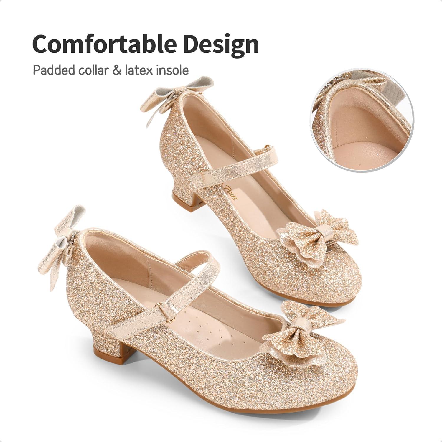 imageDREAM PAIRS Girls Dress Shoes Toddler Little Girls Heels Mary Jane Princess Shoes with Interchangeable Bow for Flower Girl Wedding PartyGold