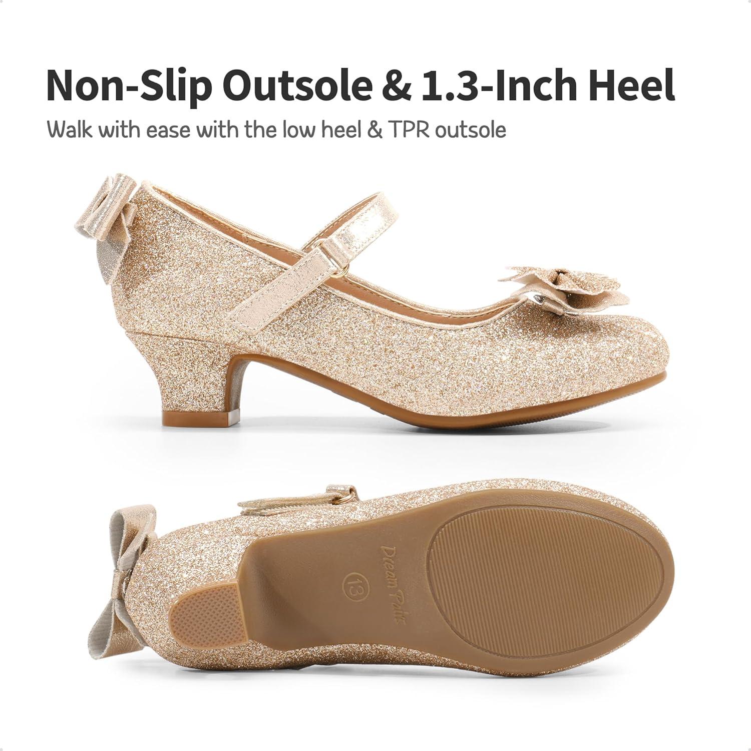 imageDREAM PAIRS Girls Dress Shoes Toddler Little Girls Heels Mary Jane Princess Shoes with Interchangeable Bow for Flower Girl Wedding PartyGold