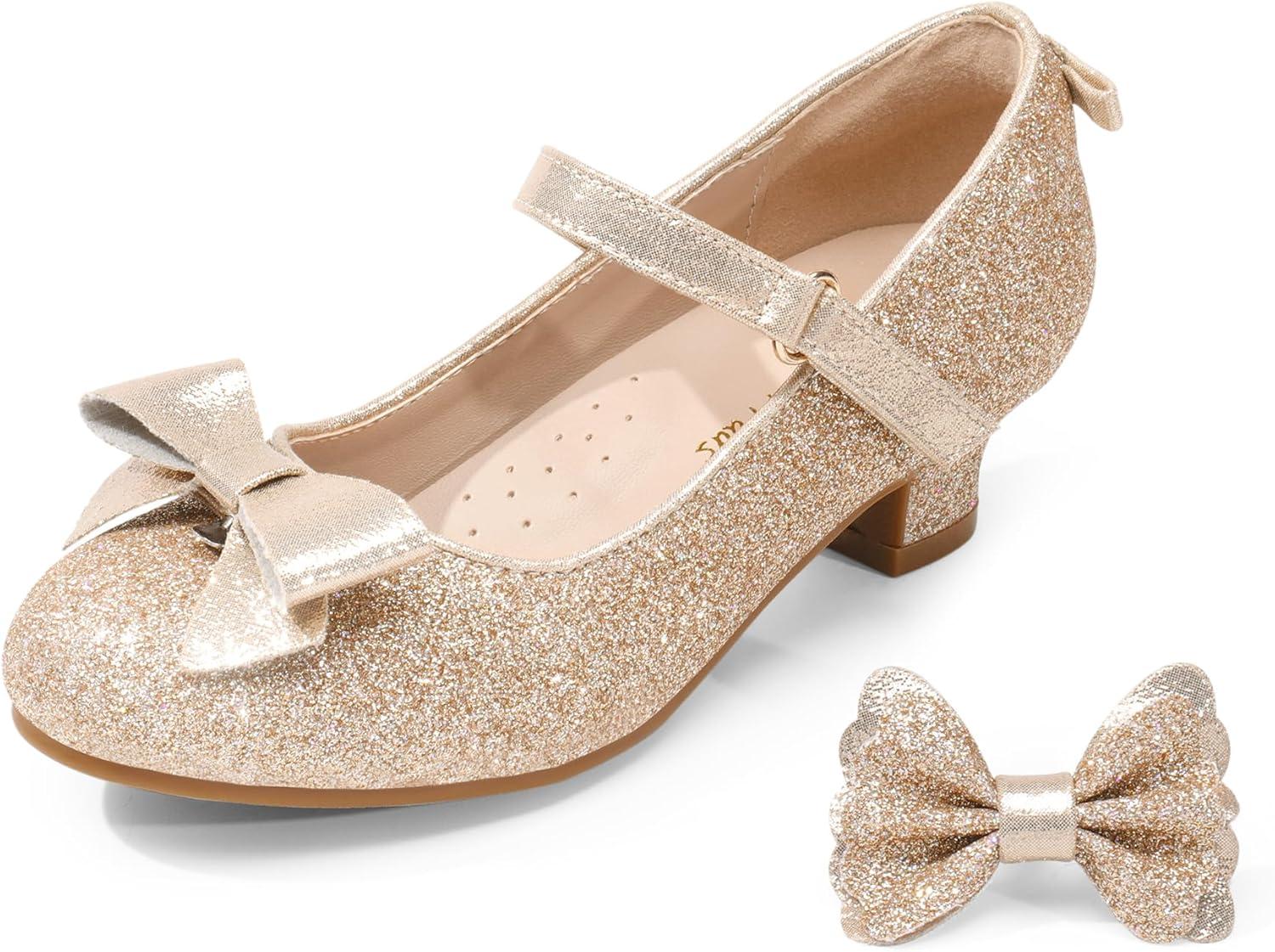 imageDREAM PAIRS Girls Dress Shoes Toddler Little Girls Heels Mary Jane Princess Shoes with Interchangeable Bow for Flower Girl Wedding PartyGold