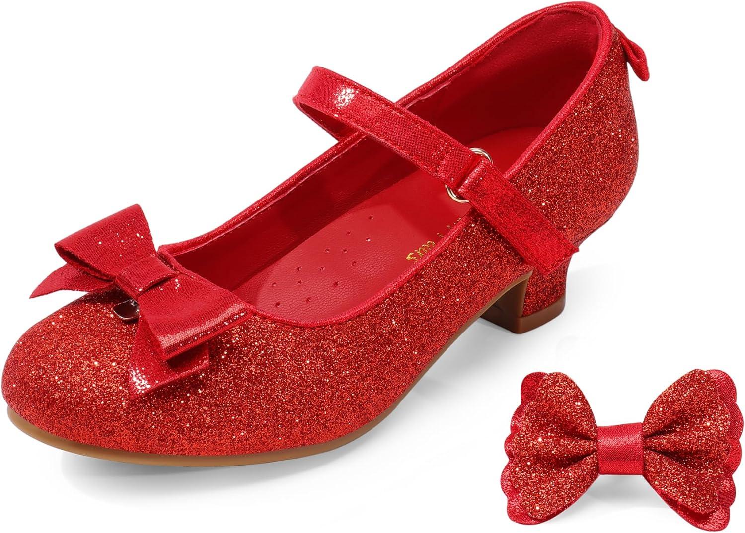 imageDREAM PAIRS Girls Dress Shoes Toddler Little Girls Heels Mary Jane Princess Shoes with Interchangeable Bow for Flower Girl Wedding PartyRed