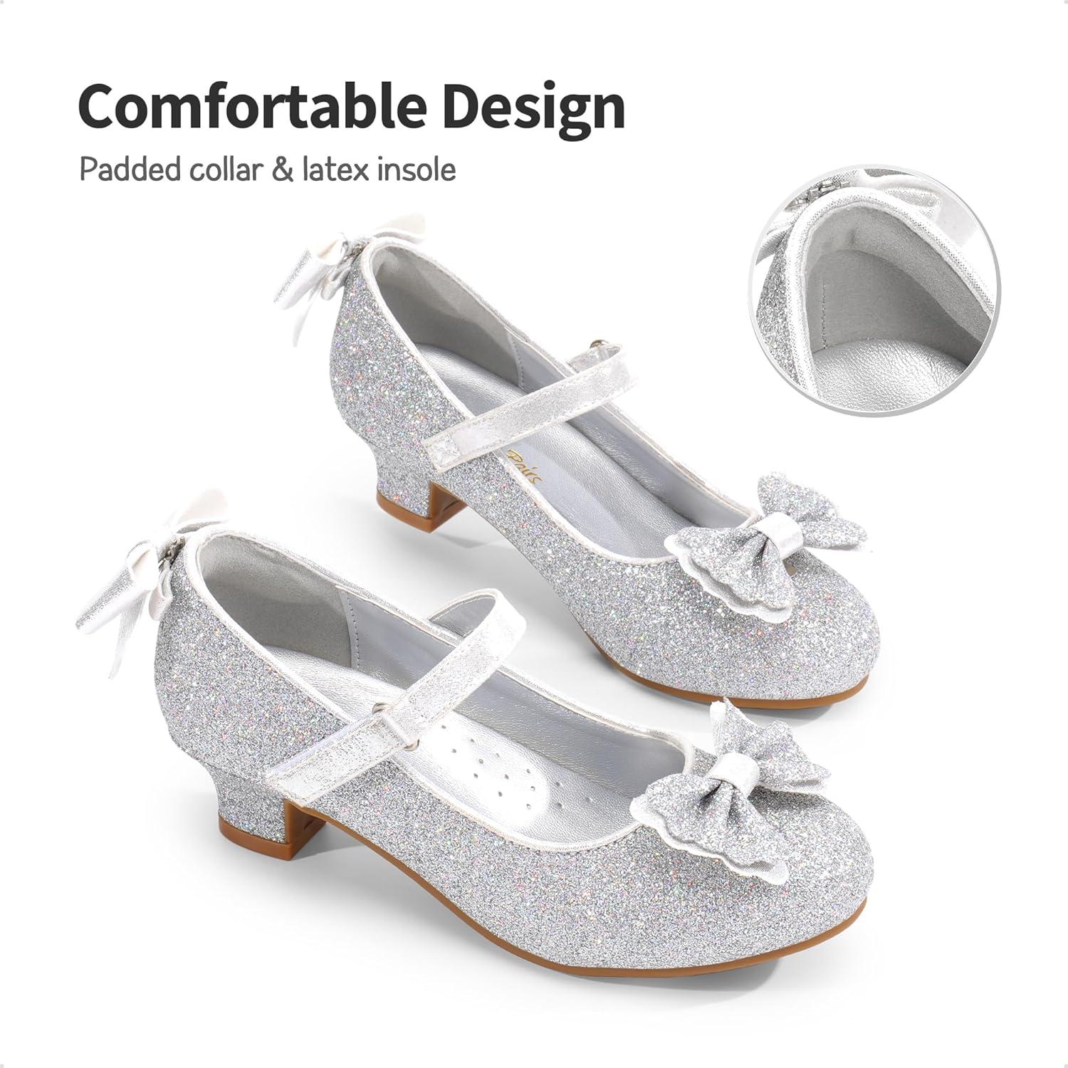imageDREAM PAIRS Girls Dress Shoes Toddler Little Girls Heels Mary Jane Princess Shoes with Interchangeable Bow for Flower Girl Wedding PartySilver