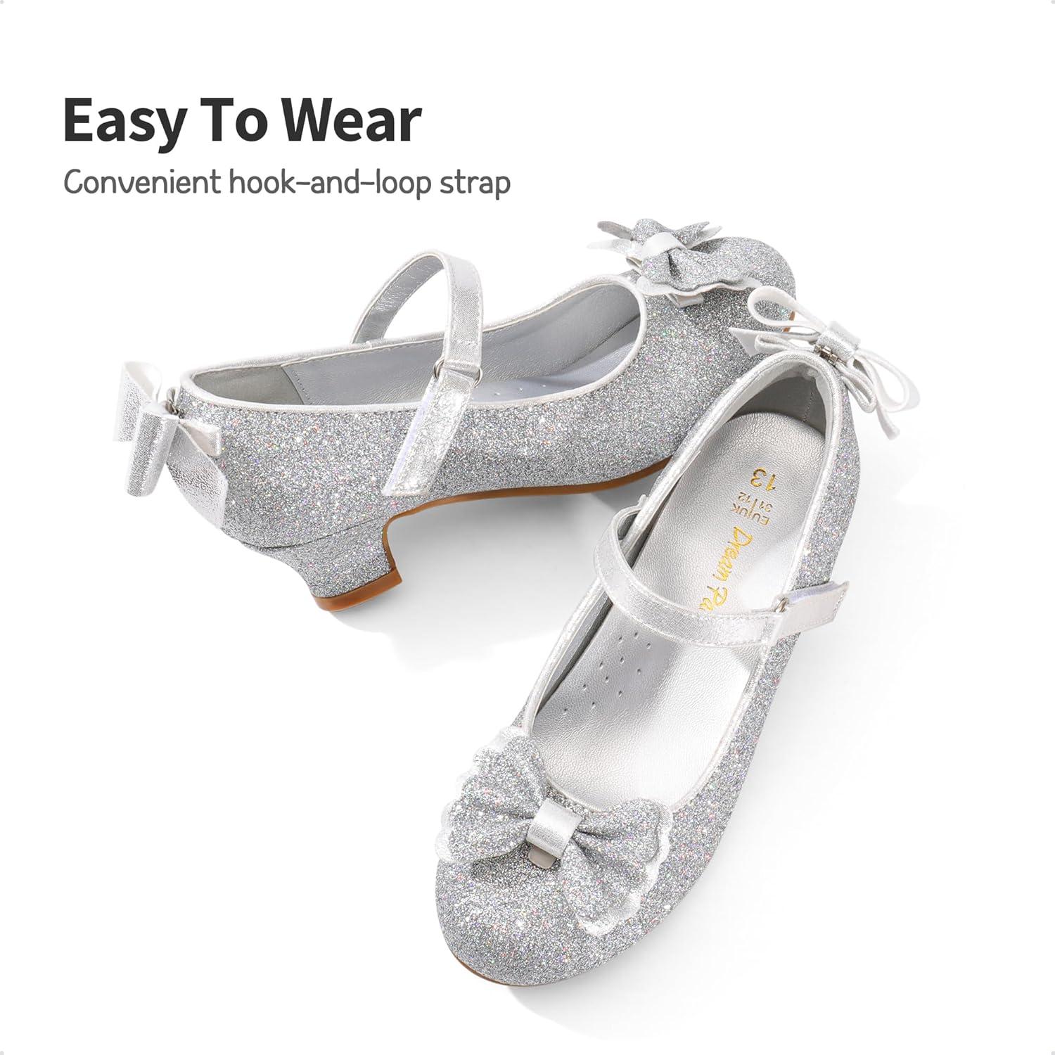 imageDREAM PAIRS Girls Dress Shoes Toddler Little Girls Heels Mary Jane Princess Shoes with Interchangeable Bow for Flower Girl Wedding PartySilver